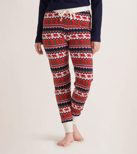 Red and navy leggings featuring a Fair Isle bear pattern, with ribbed cuffs and a drawstring waist. Ideal for sleepwear.