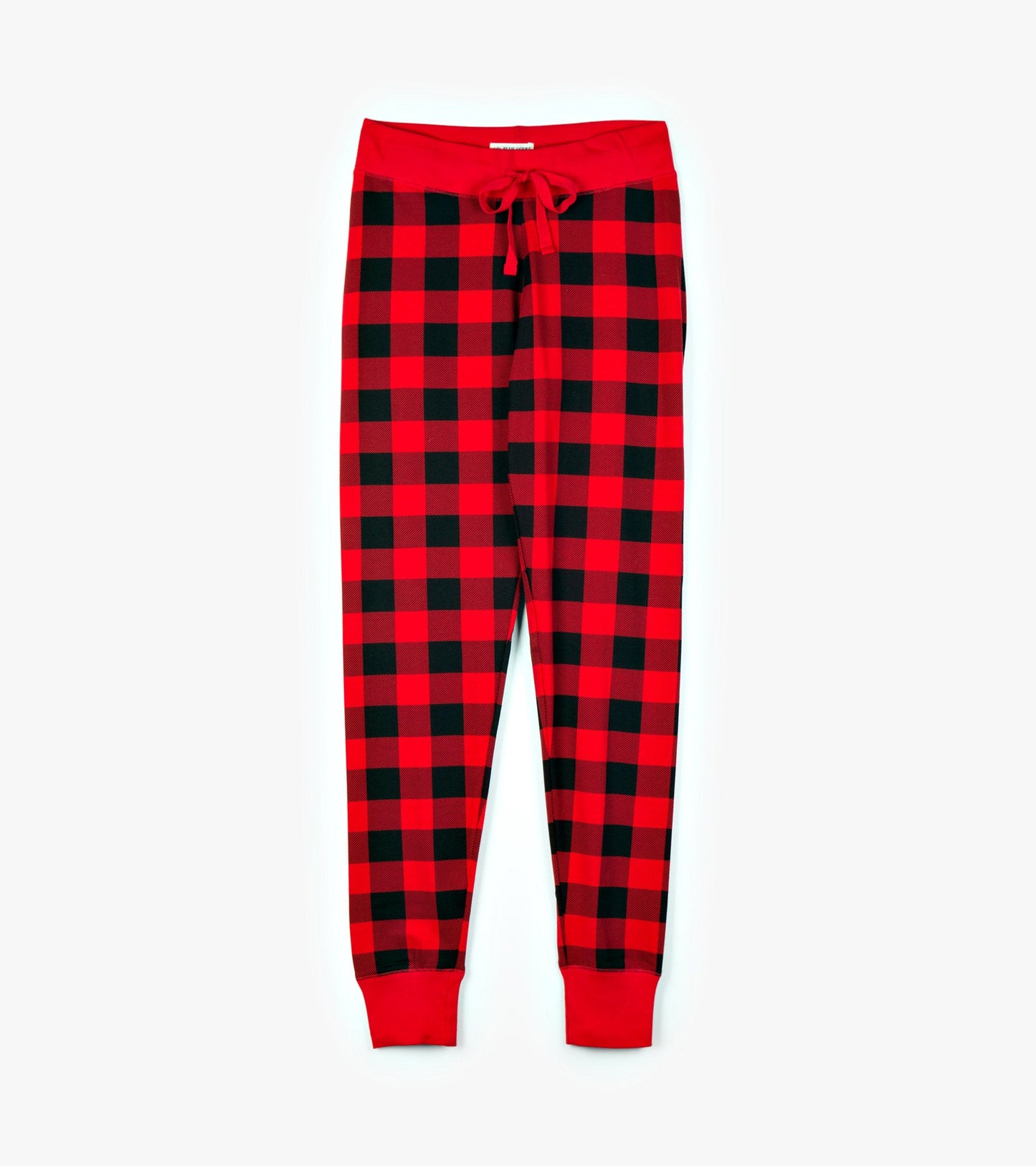 Red and black buffalo plaid women's sleep leggings with a drawstring waist and fitted cuffs.