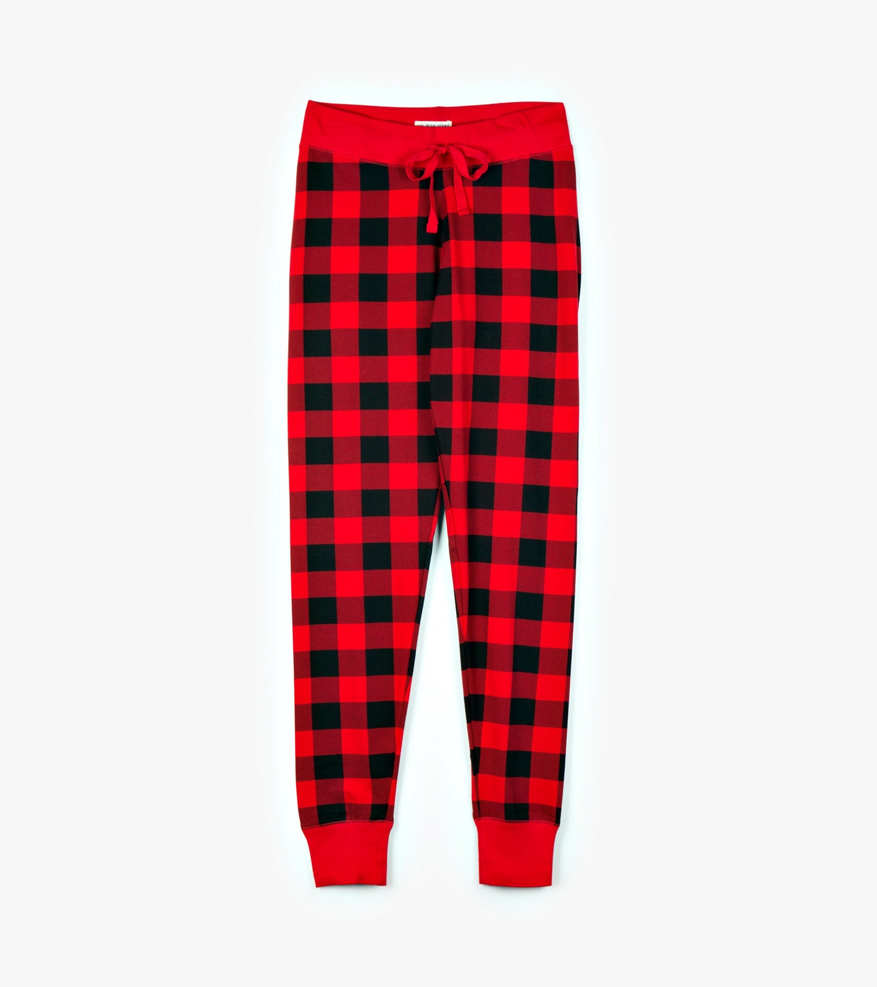 Red and black buffalo plaid women's sleep leggings with a drawstring waist and fitted cuffs.