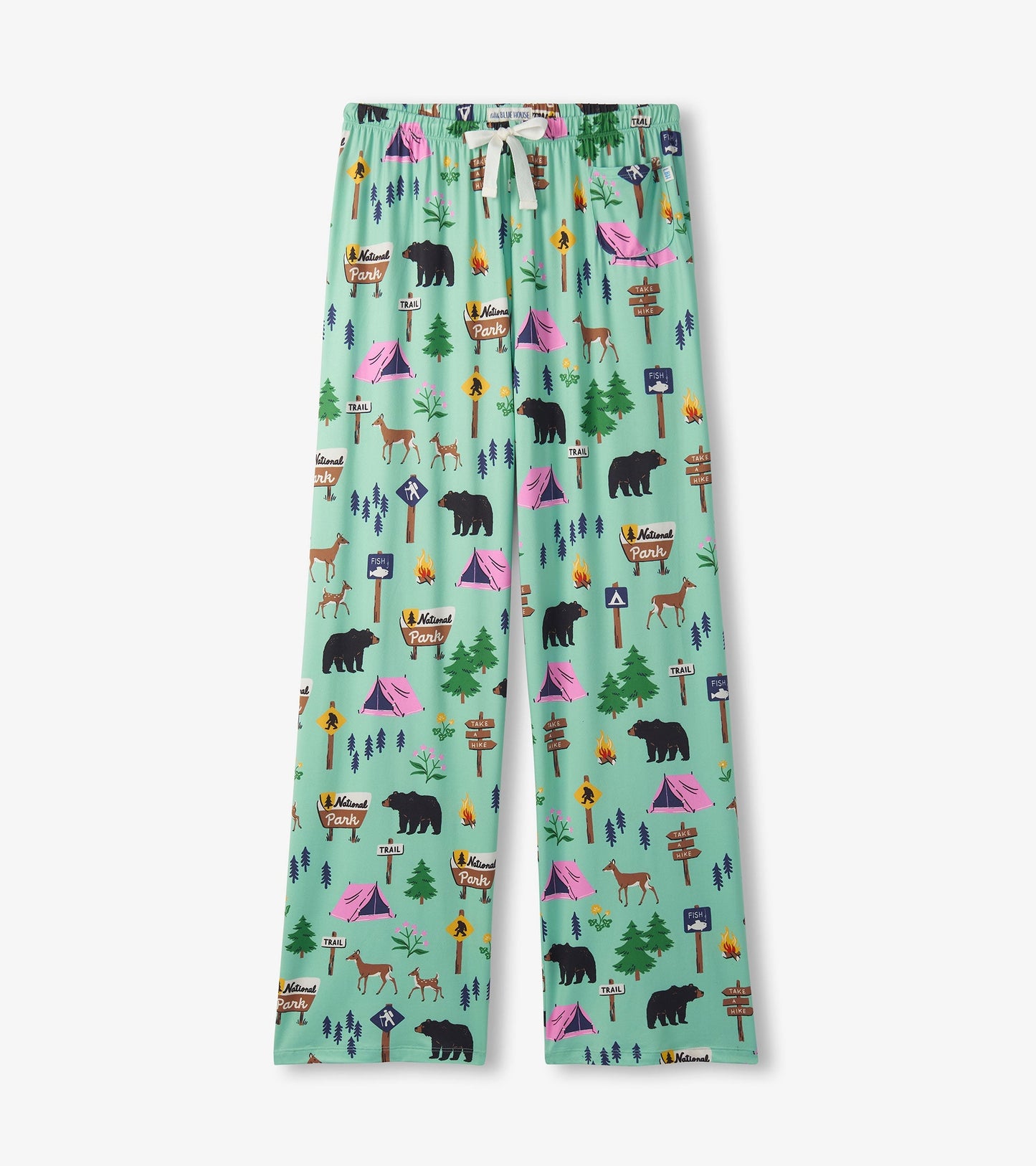 Light green pajama pants featuring a camping-themed pattern with bears, tents, and trees, designed for comfort and relaxatio…