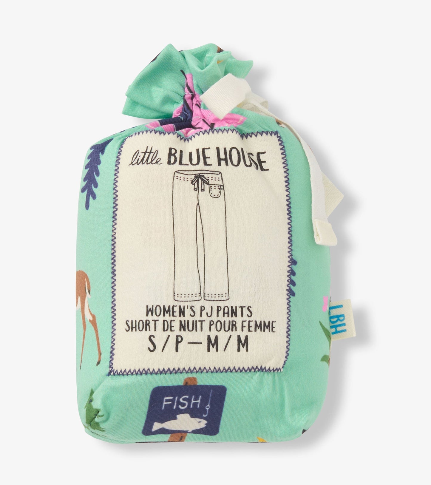 Light green pajama pants with a nature-themed print, featuring animals and signs, packaged in a drawstring bag.