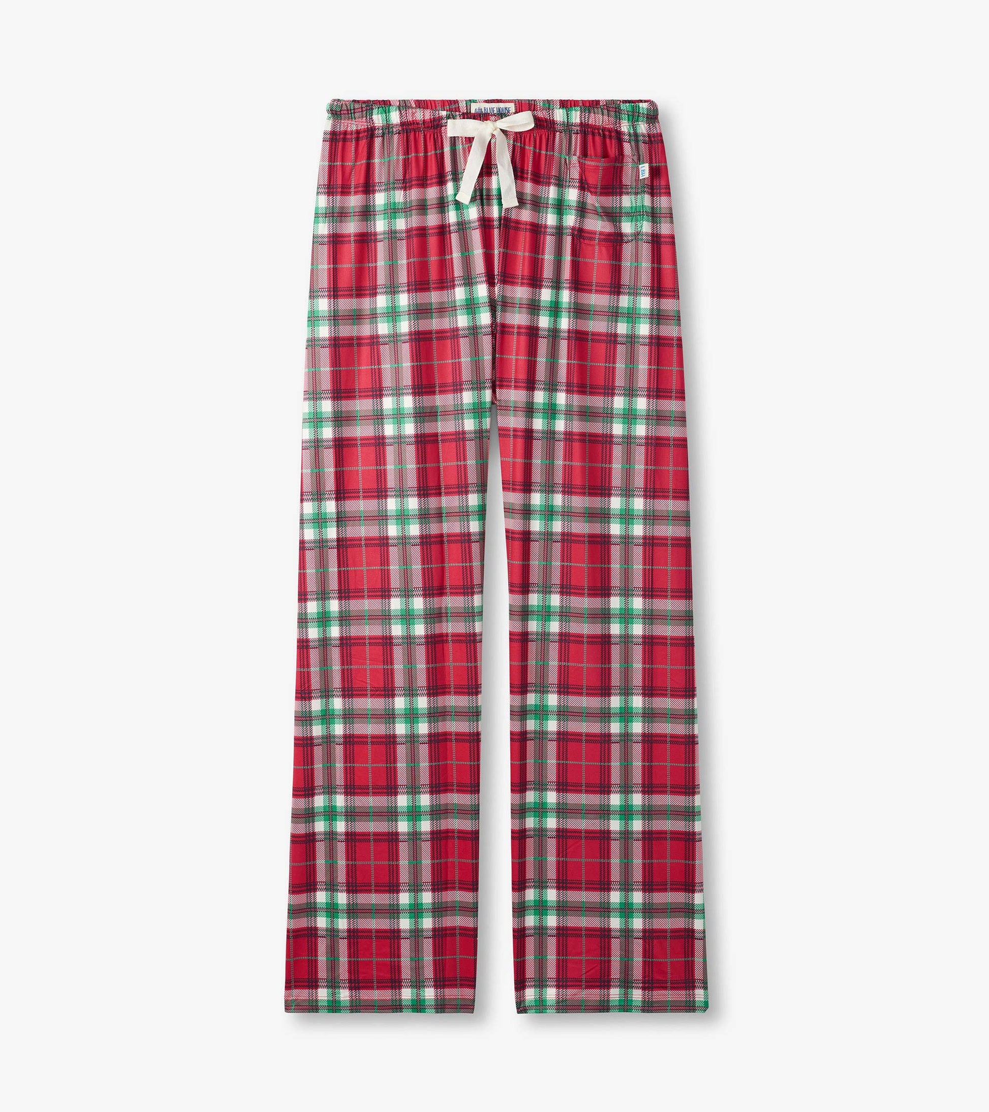Red plaid polyknit pajama pants with an elastic waistband and drawstring, suitable for casual wear or lounging.
