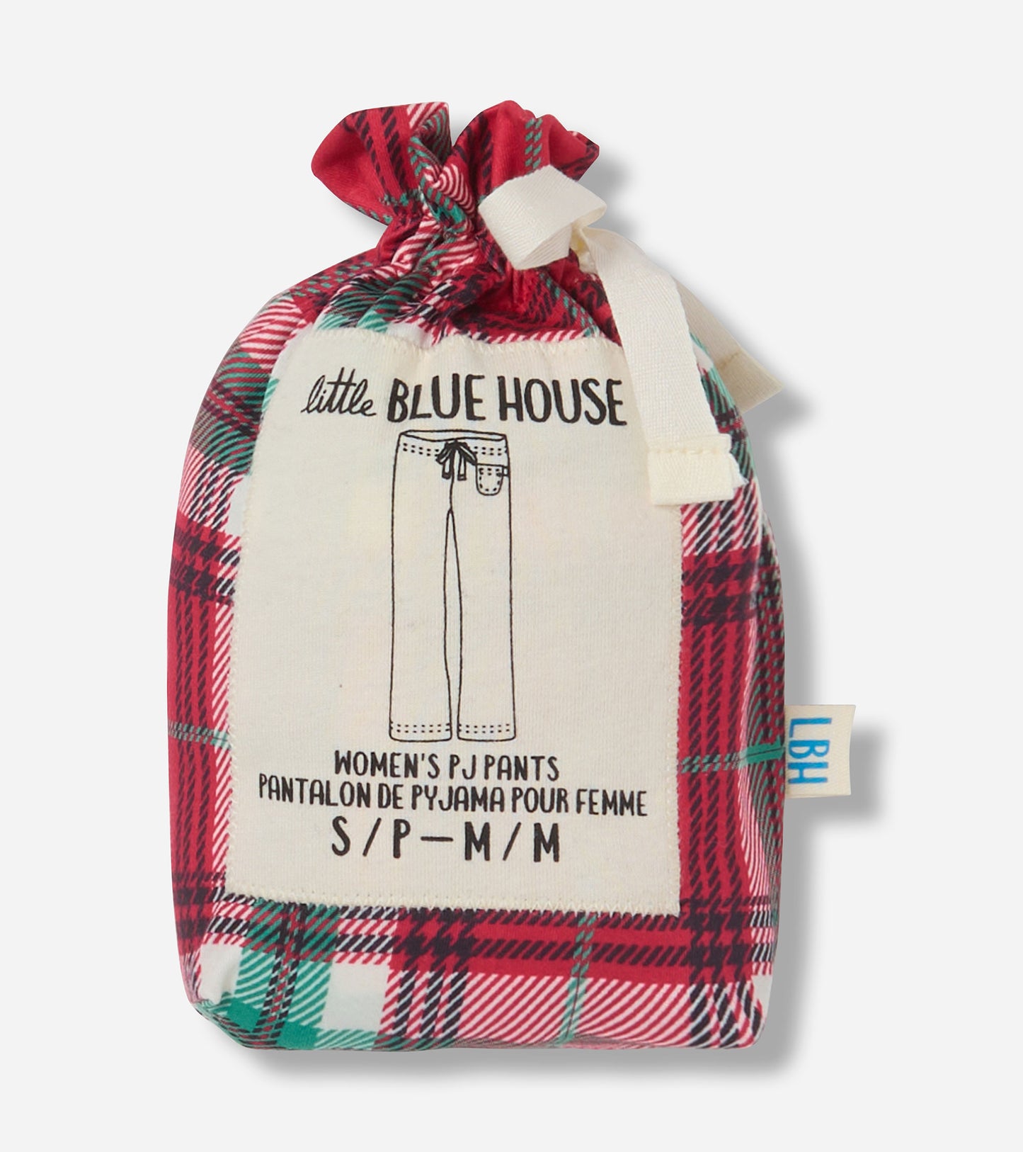 Red and green plaid pajama pants packaged in a drawstring bag, labeled for women's sizes XS/S to M/M.