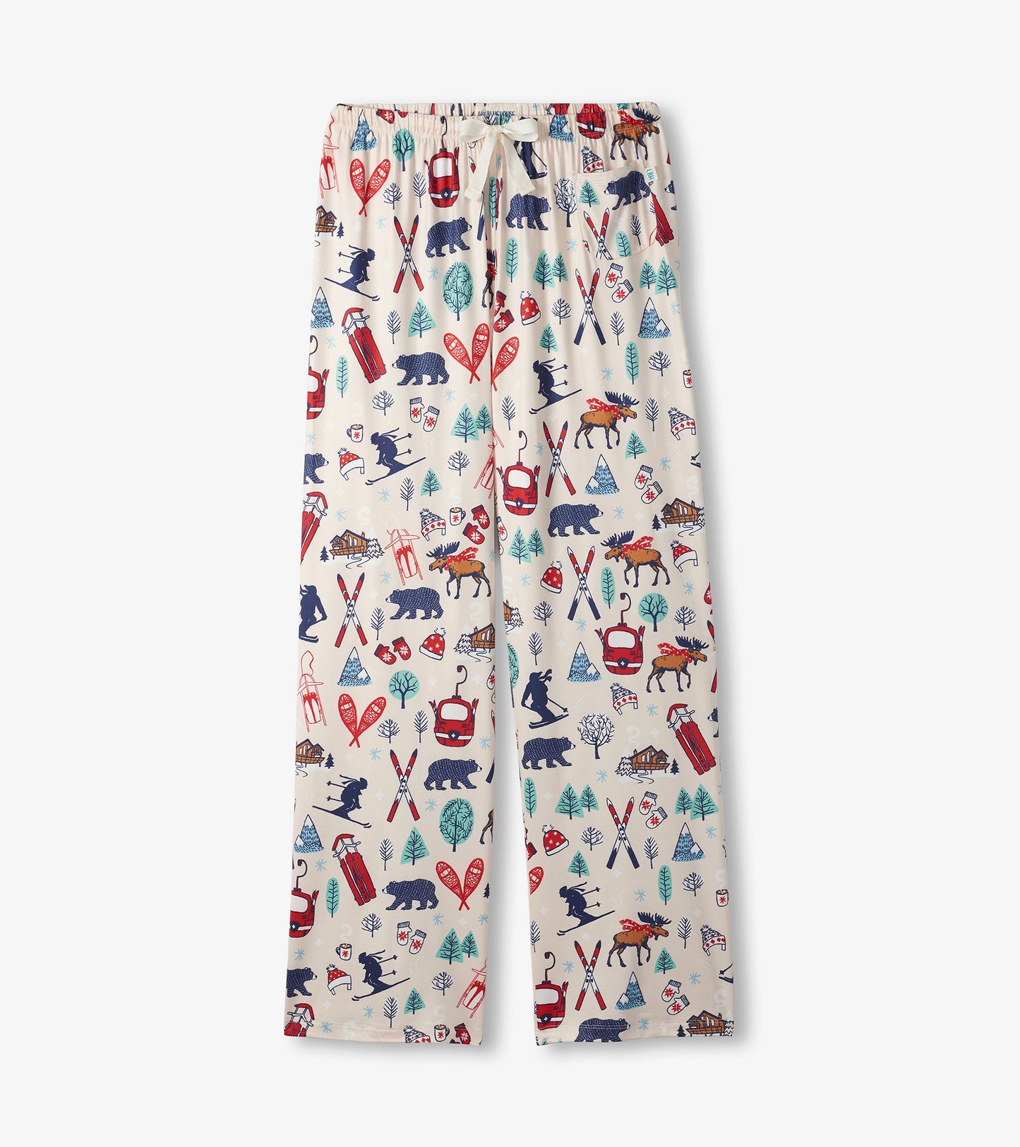 Cream pajama pants featuring a vintage ski-themed print with bears, trees, and ski equipment. Elastic waistband with tie.