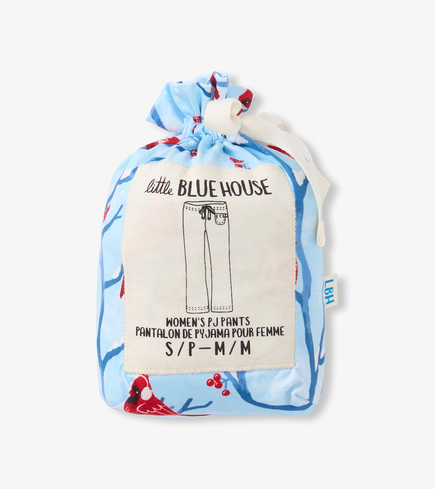 Light blue pajama pants with a cardinal and branch pattern, packaged in a drawstring bag.