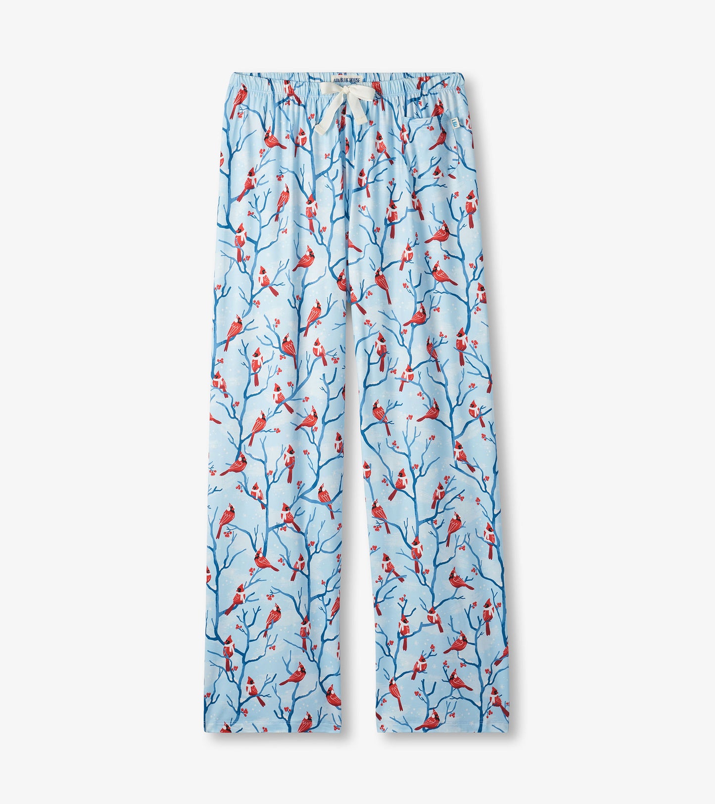 Light blue pajama pants with red cardinals and blue branches, elastic waist and drawstring, front view