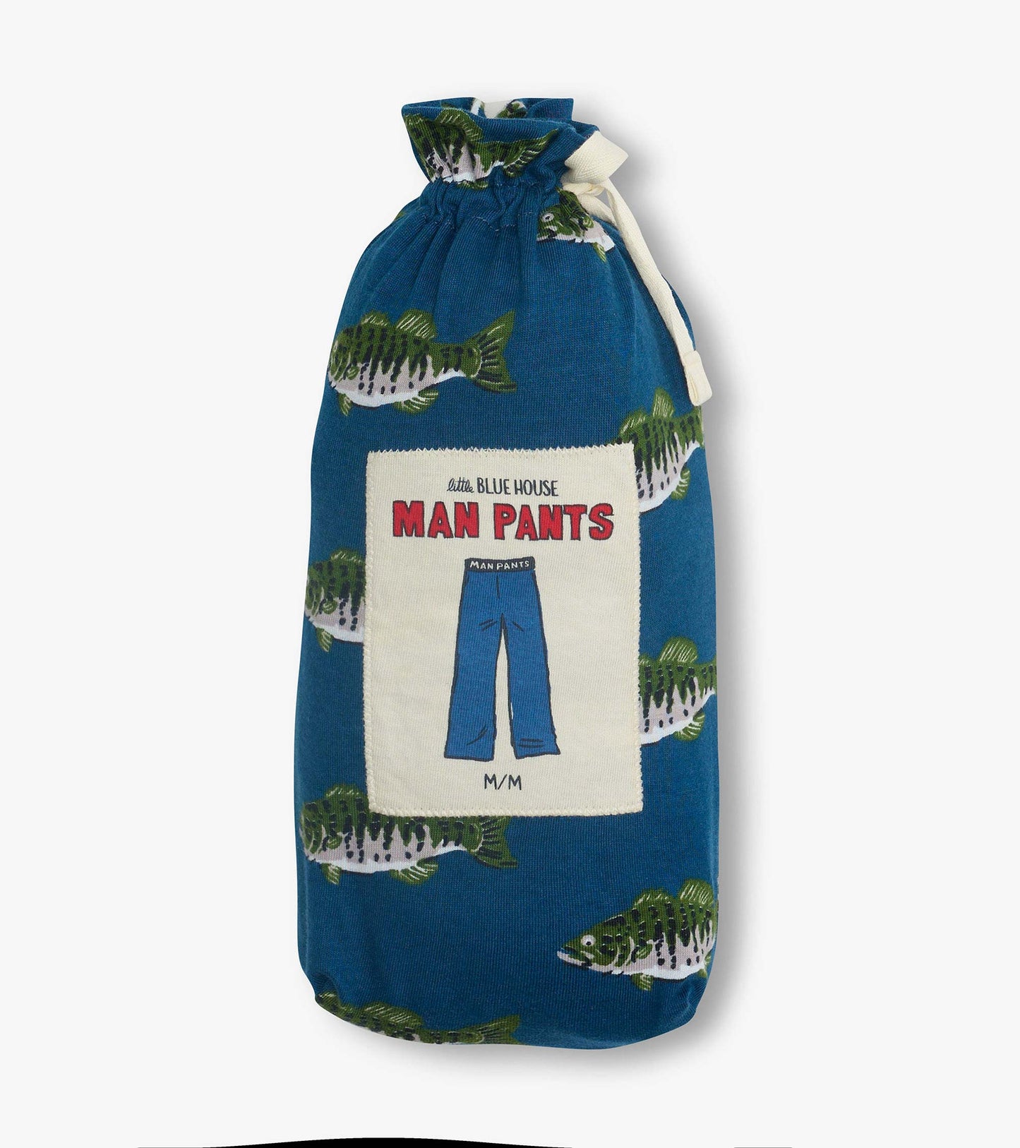 Blue pajama pants with green fish print, shown folded in a drawstring fabric pouch.