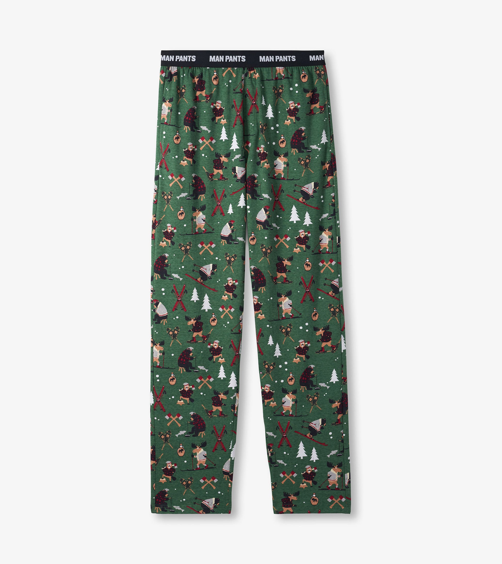 Green pajama pants featuring a winter-themed pattern with trees, bears, and outdoor activities. Elastic waistband visible.