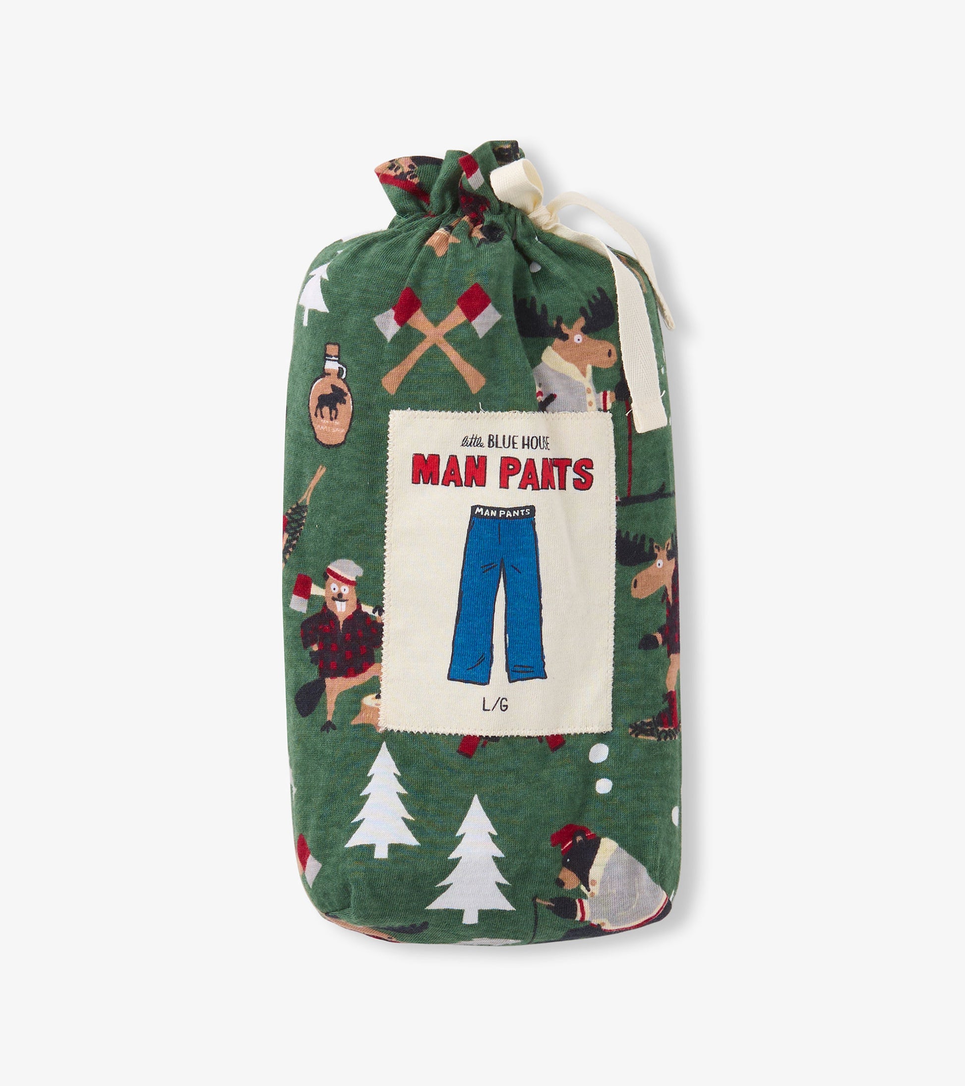 Green drawstring bag featuring playful winter-themed patterns, containing blue man pants with a label showing size L/G.