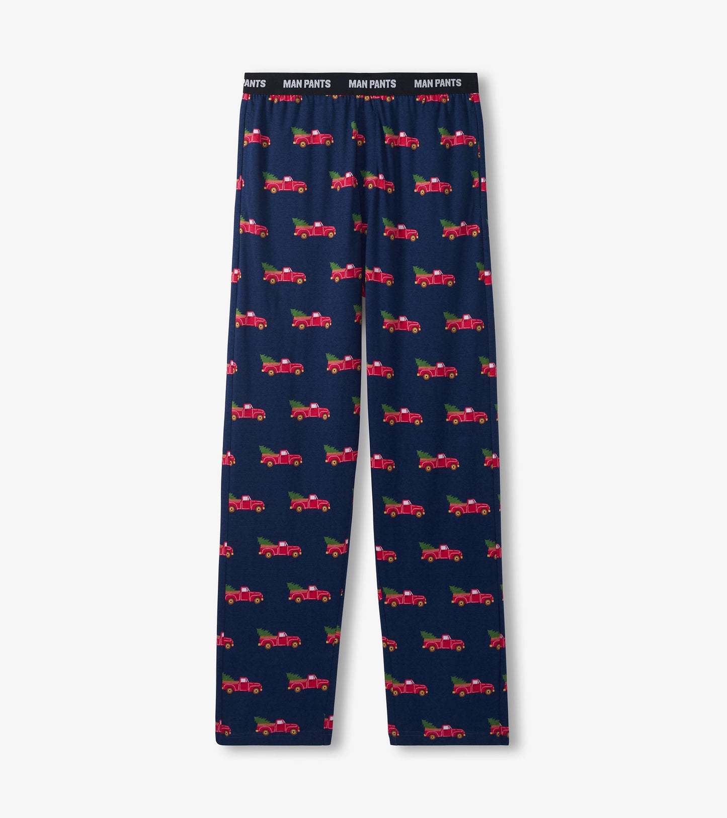 Navy pants featuring a playful pattern of red trucks hauling trees, with an elastic waistband for comfort.