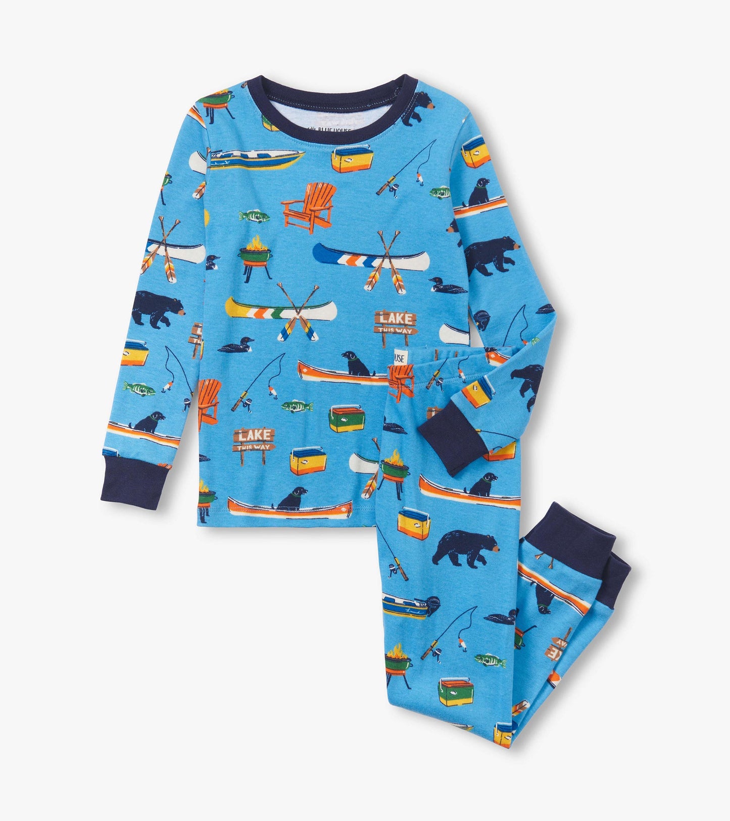 Blue kids' pajama set featuring lake-themed patterns, including canoes, bears, and fishing gear, with navy cuffs.