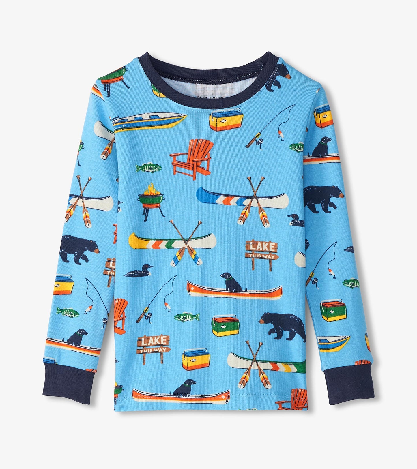 Light blue kids' pajama top featuring a fun lake-themed pattern with canoes, bears, and fishing gear.