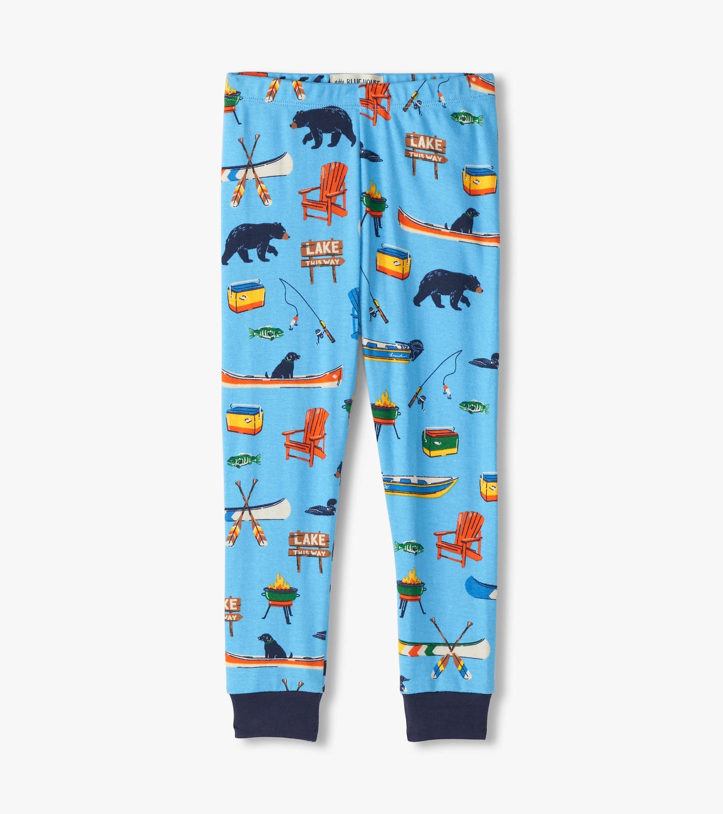 Blue pajama pants featuring a lake-themed pattern with bears, boats, and fishing gear, finished with navy cuffs.