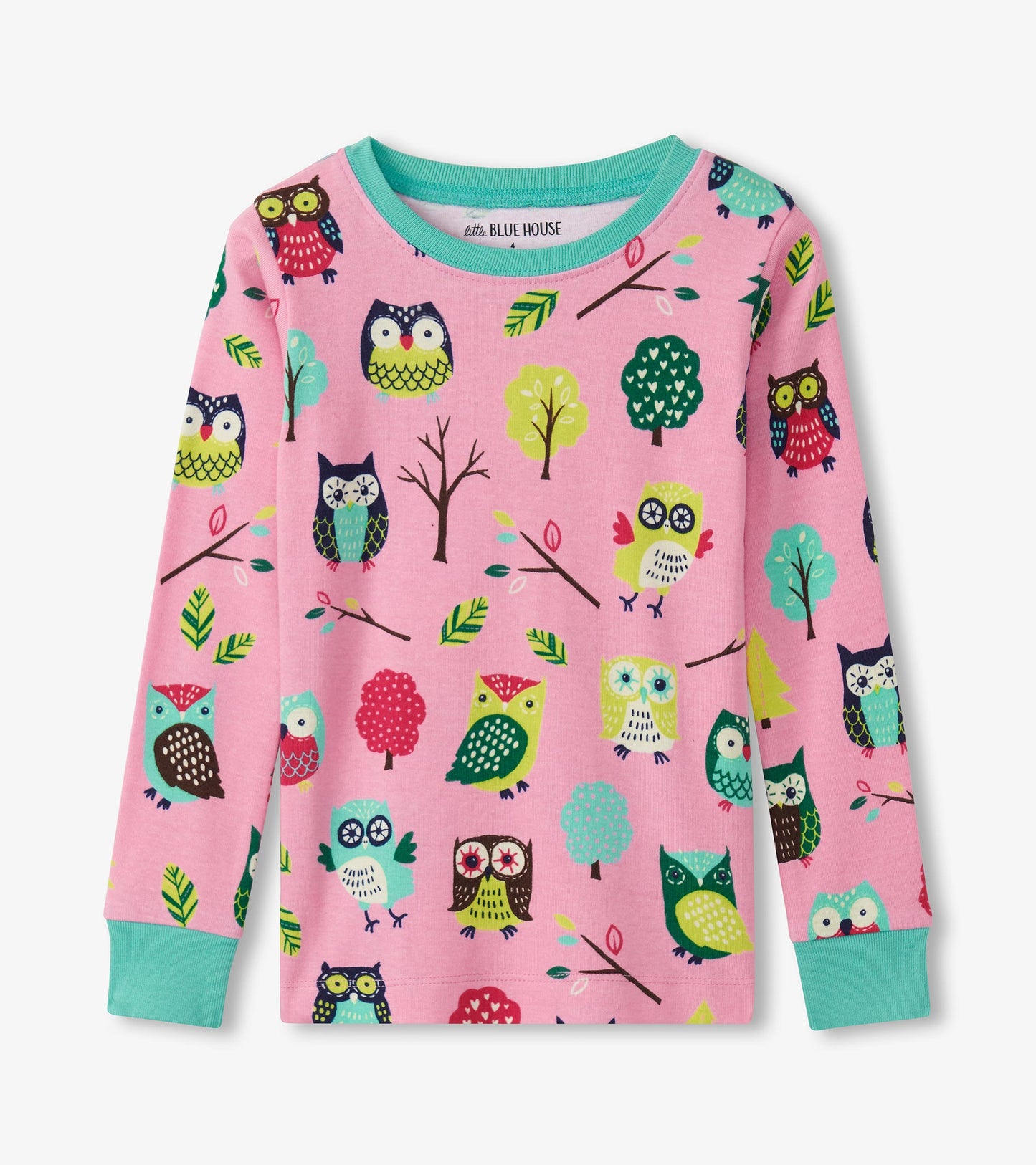 Pink long-sleeve pajama top featuring colorful owl and tree patterns, with turquoise cuffs and neckline.