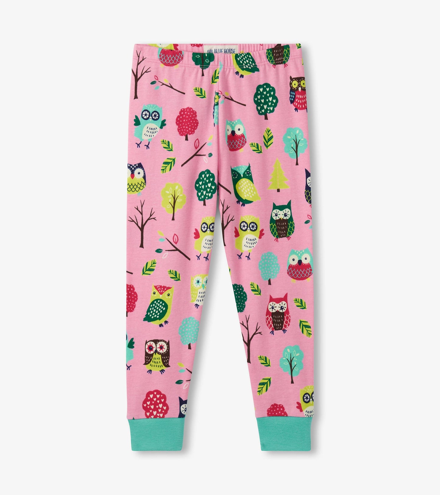 Pink pajama pants featuring colorful owl and tree patterns, with green cuffs at the ankles.