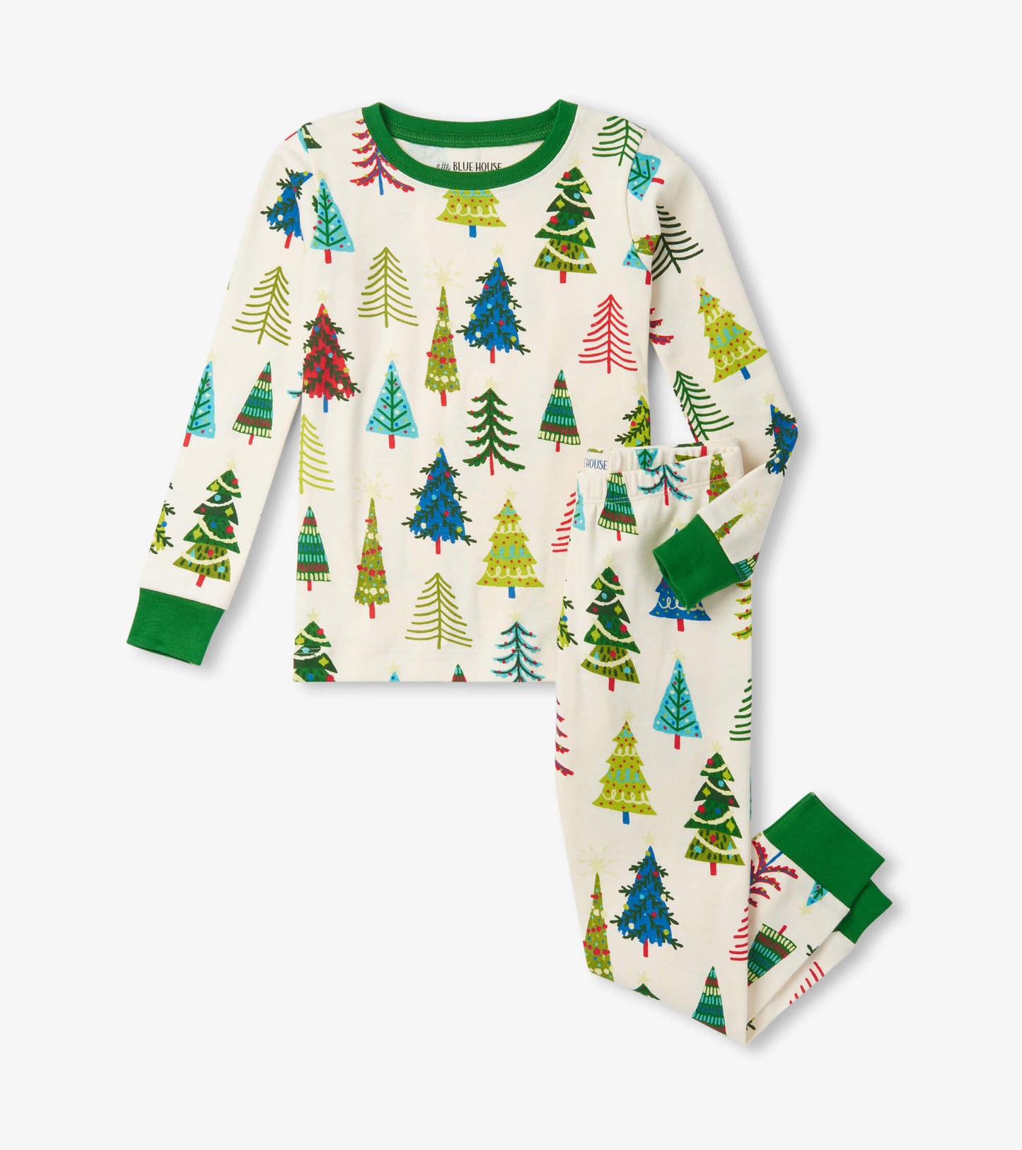 Cream pajama set featuring colorful Christmas tree patterns, with green cuffs and neckline. Suitable for kids.