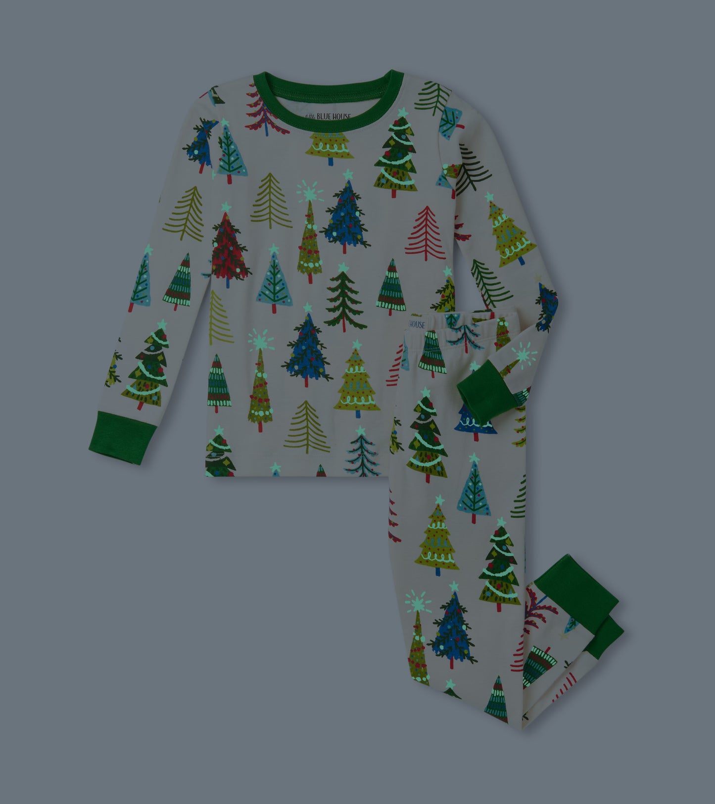 Gray pajama set featuring colorful Christmas tree patterns, with green cuffs and neckline, suitable for kids.