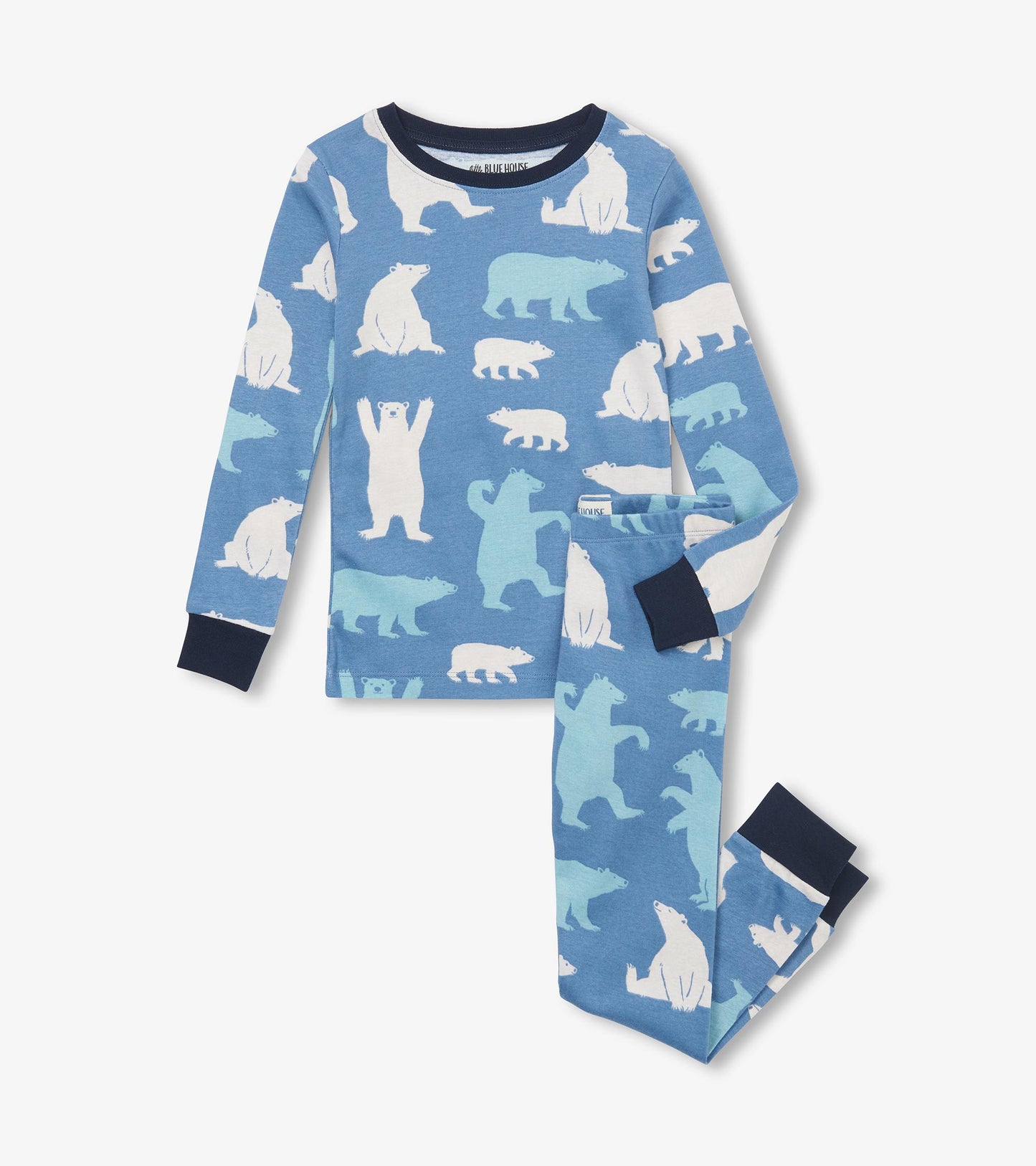 Blue pajama set featuring various polar bear patterns, with long sleeves and matching pants.