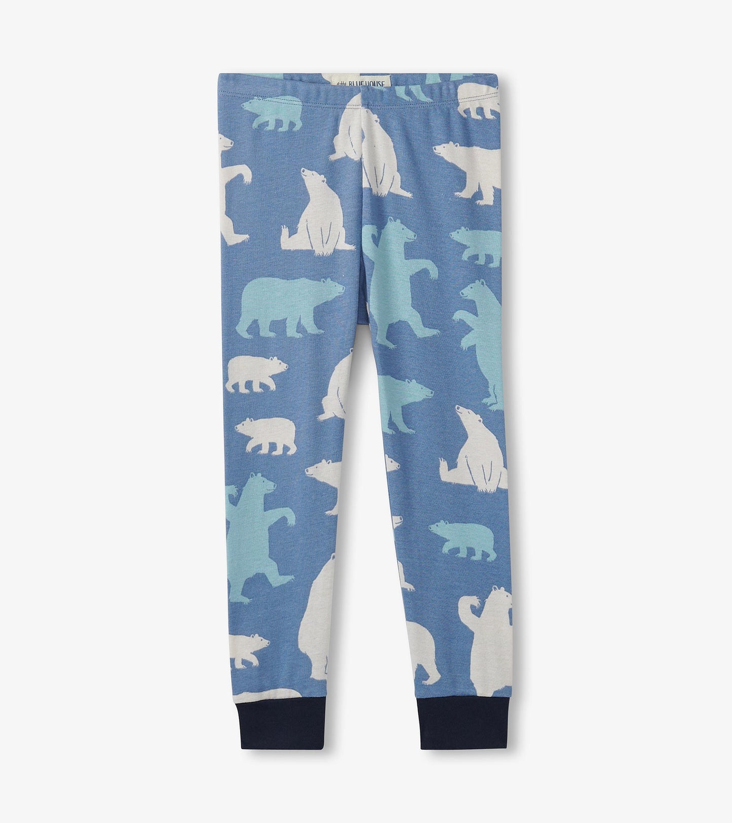 Blue pajama set featuring various polar bear patterns on soft fabric, designed for kids.