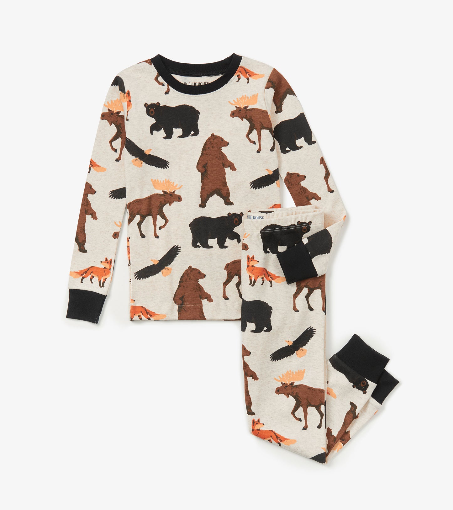 Kids' pajama set featuring a cream base with colorful wildlife patterns, including bears, foxes, and moose.
