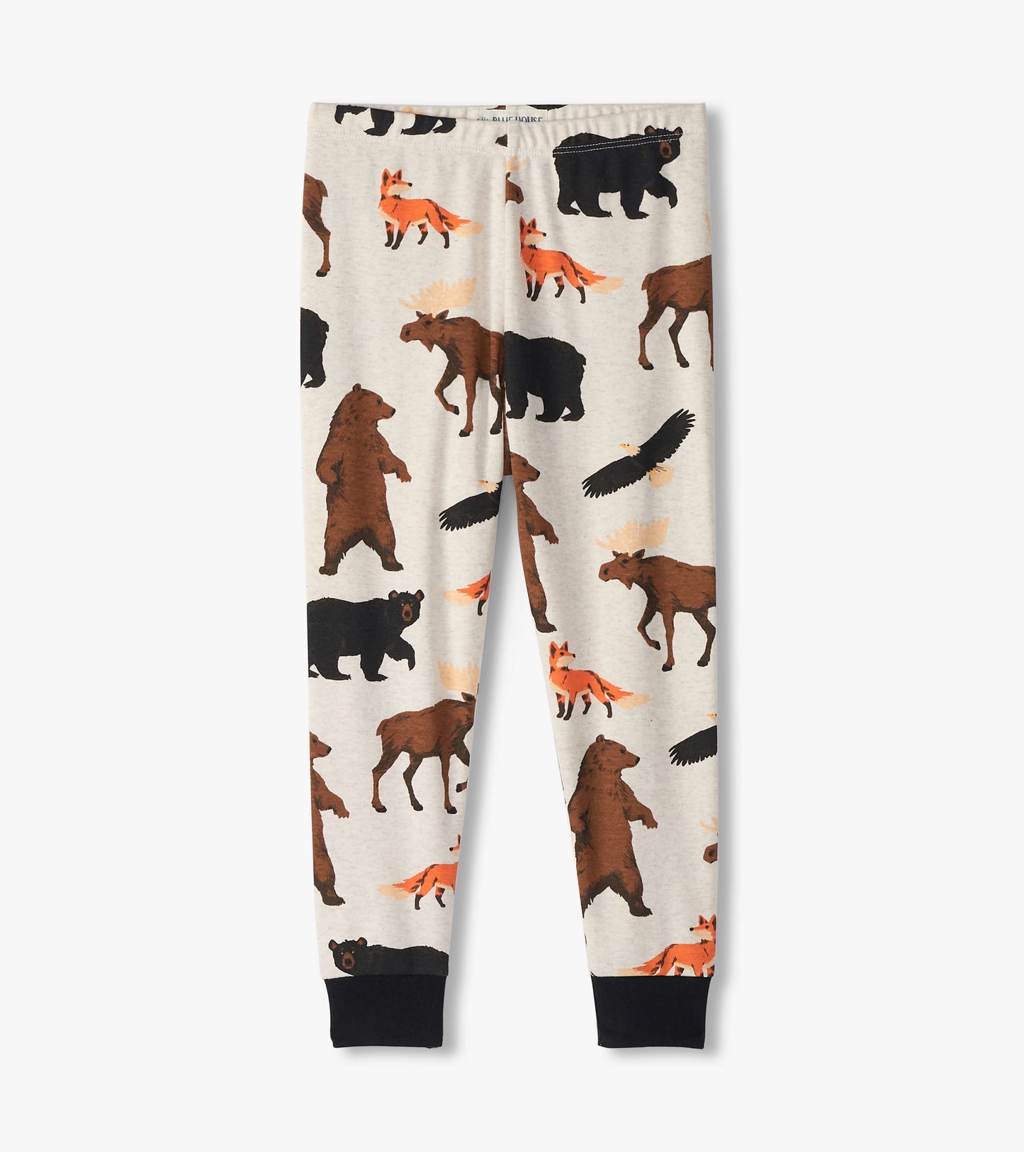 Cream pajama pants featuring colorful wildlife patterns, including bears, foxes, and moose, with black cuffs at the ankles.