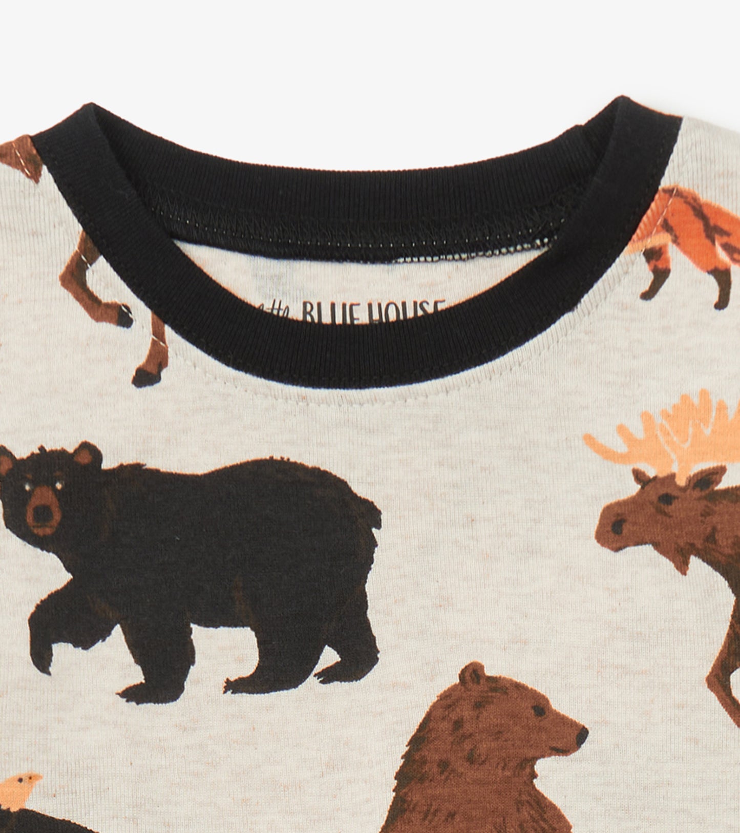 Gray pajama top featuring colorful animal prints, including bears and moose, with a black ribbed neckline.