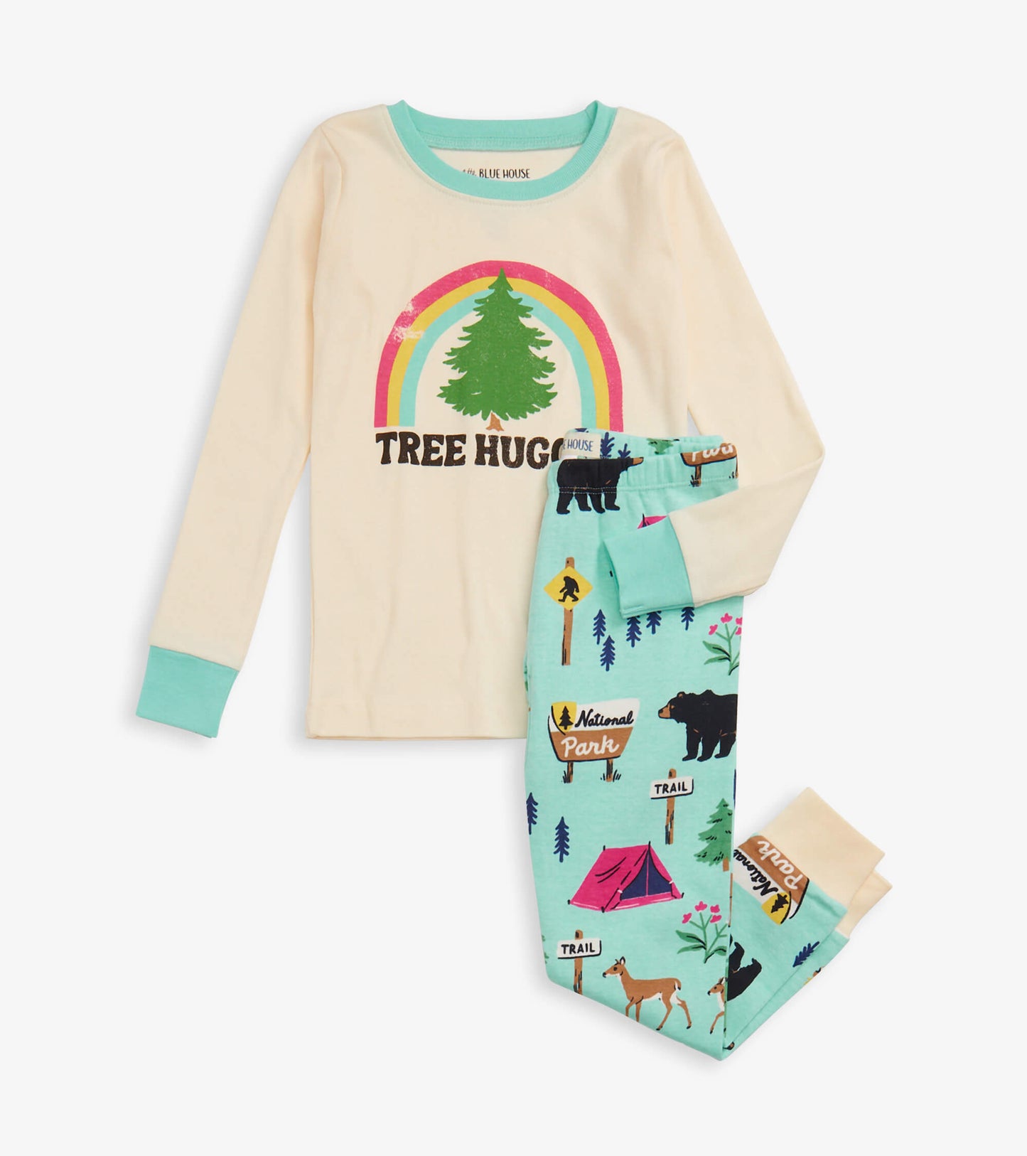 Cream long-sleeve top with "Tree Hugger" graphic and rainbow; mint green pajama pants with camping and wildlife prints.