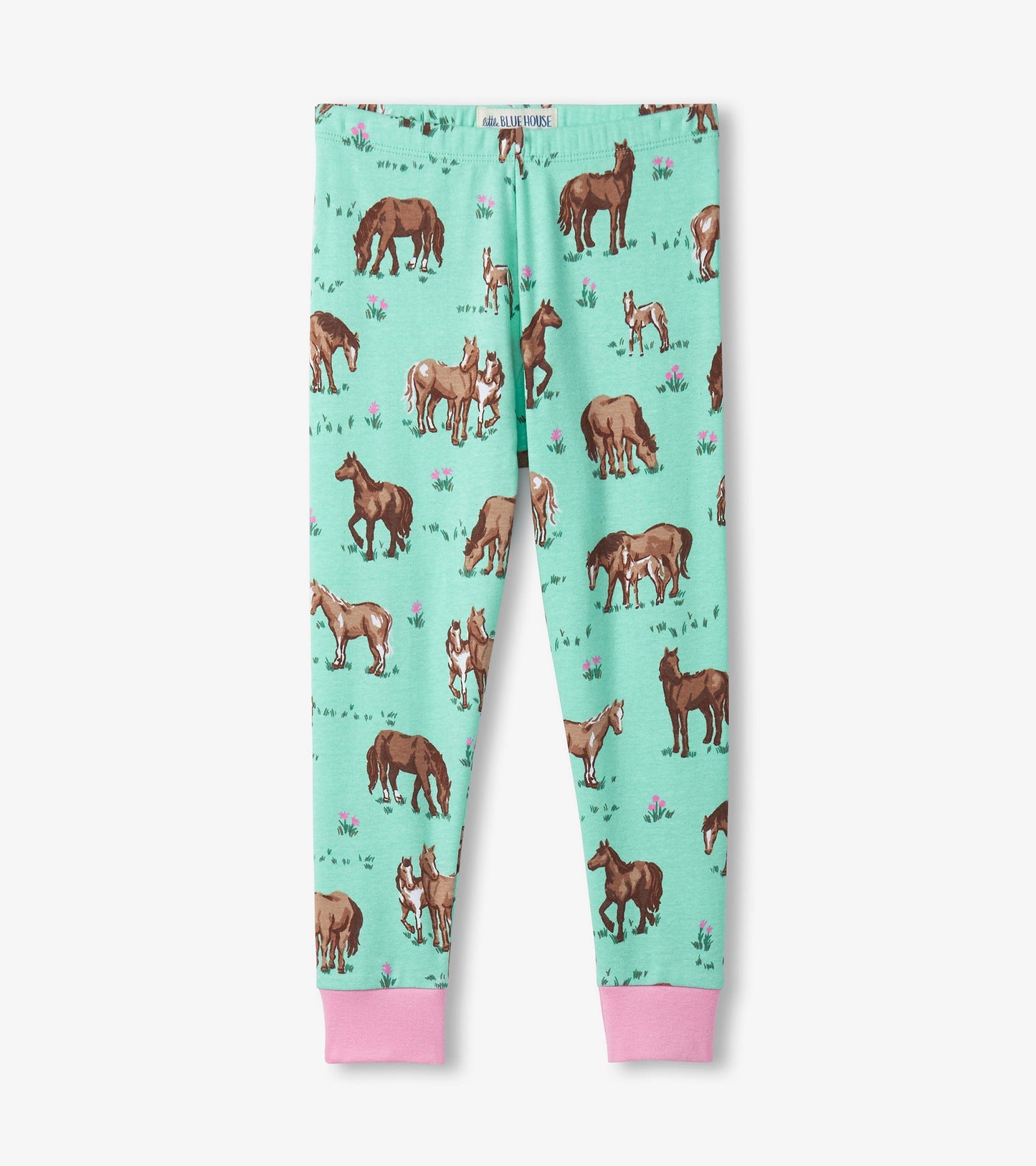 Mint green pajama pants featuring a playful horse print and pink cuffs, perfect for cozy sleepwear.