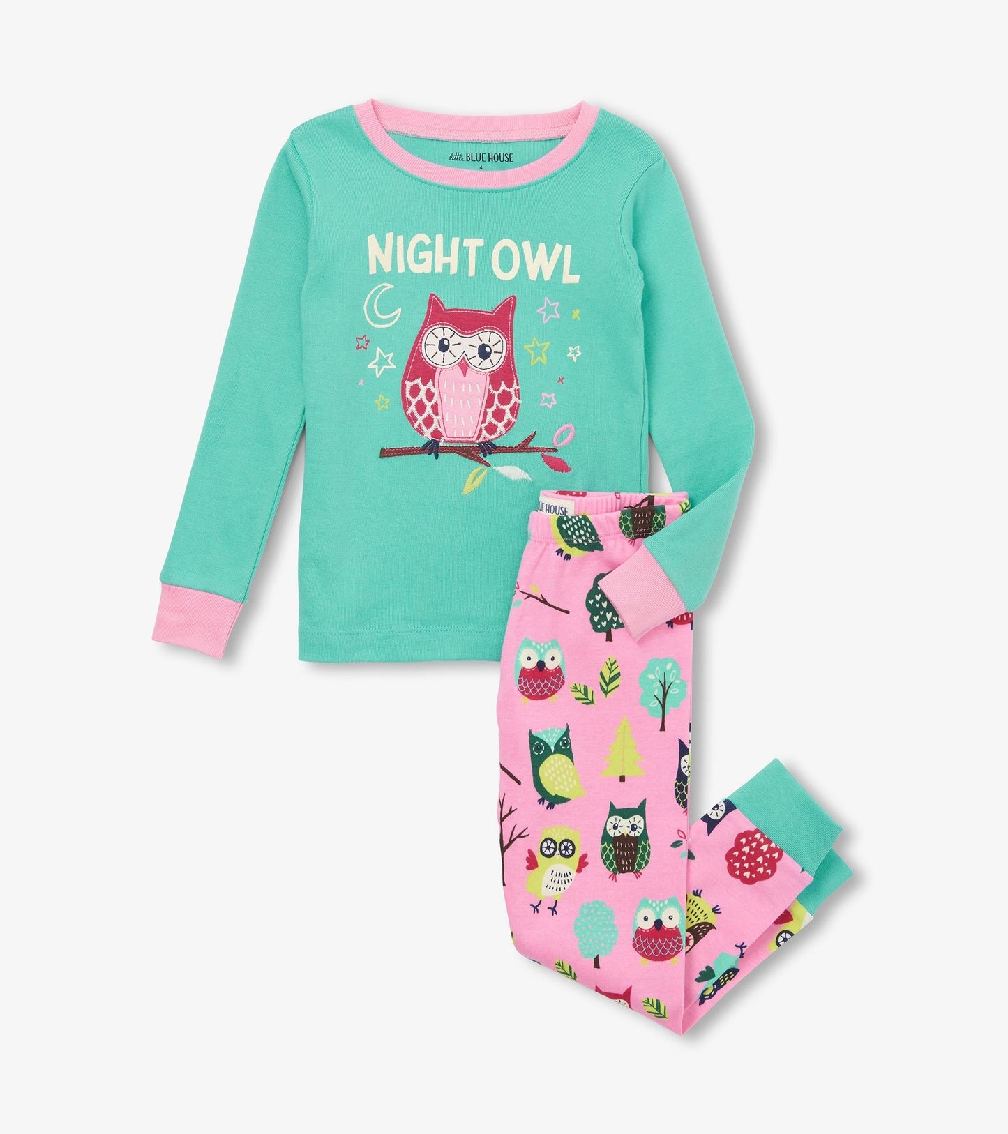 Turquoise long-sleeve pajama top with owl graphic and pink accents, paired with pink pants featuring colorful owl and tree p…