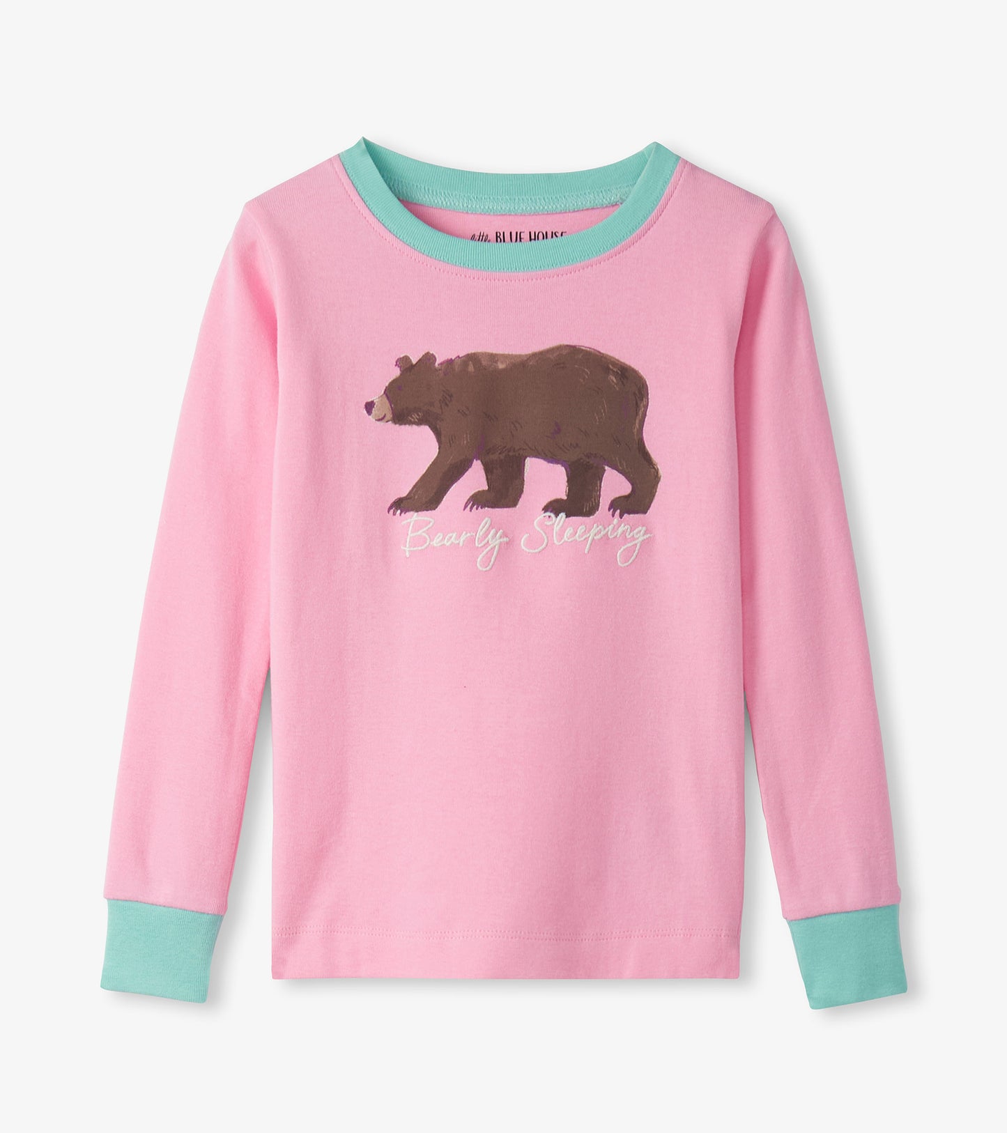 Pink long-sleeve pajama top featuring a brown bear graphic and teal cuffs.