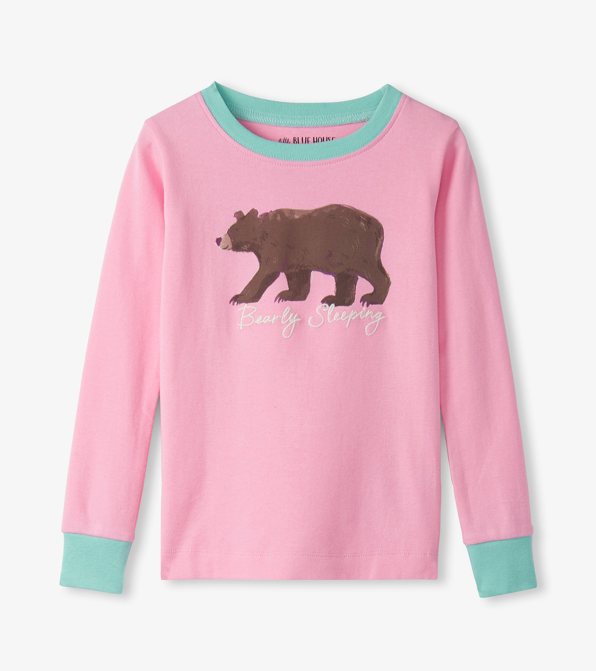 Pink long-sleeve pajama top featuring a brown bear graphic and teal cuffs.