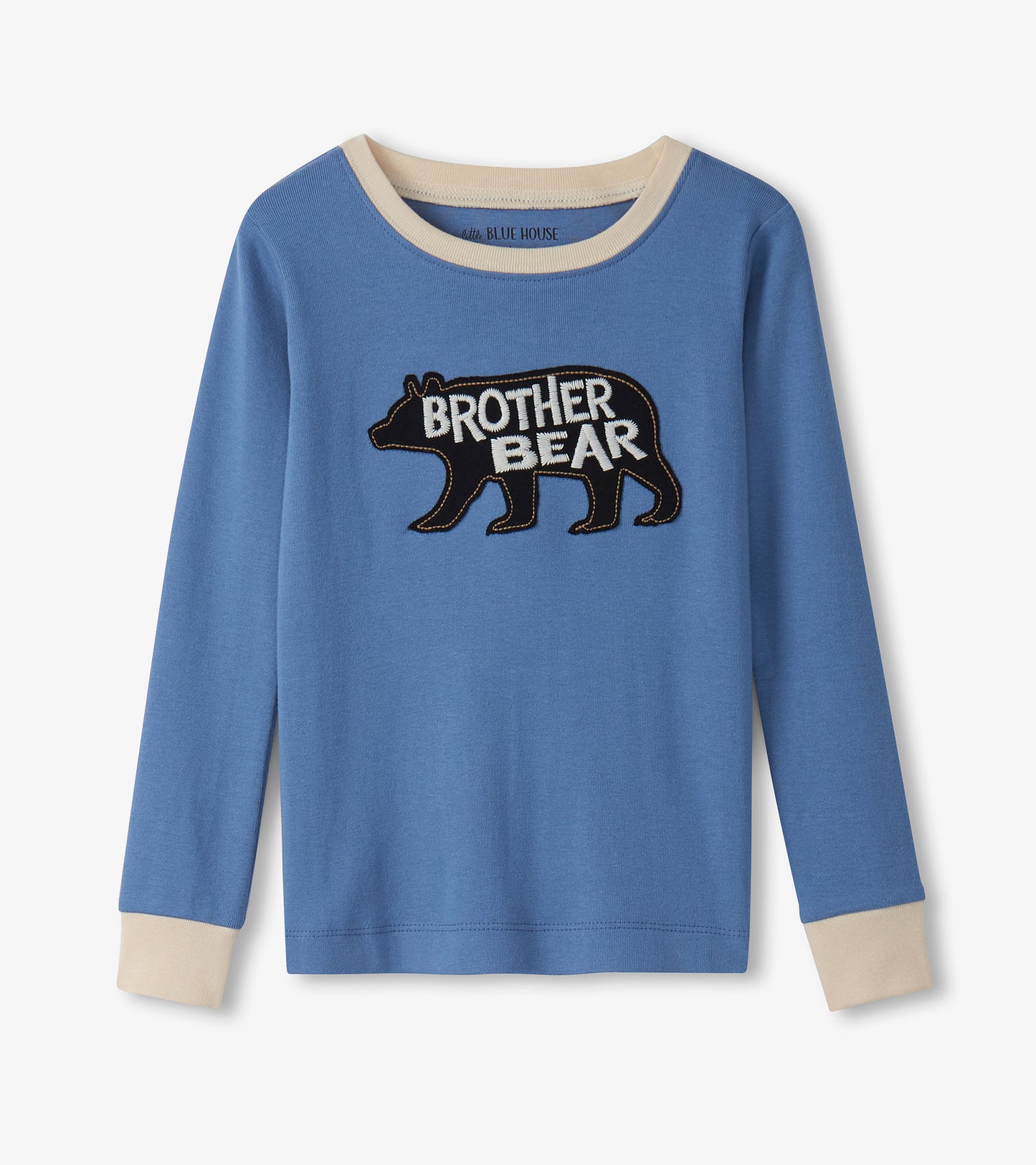 Blue long-sleeve pajama top featuring a black bear graphic with "BROTHER BEAR" text, cream-colored cuffs.