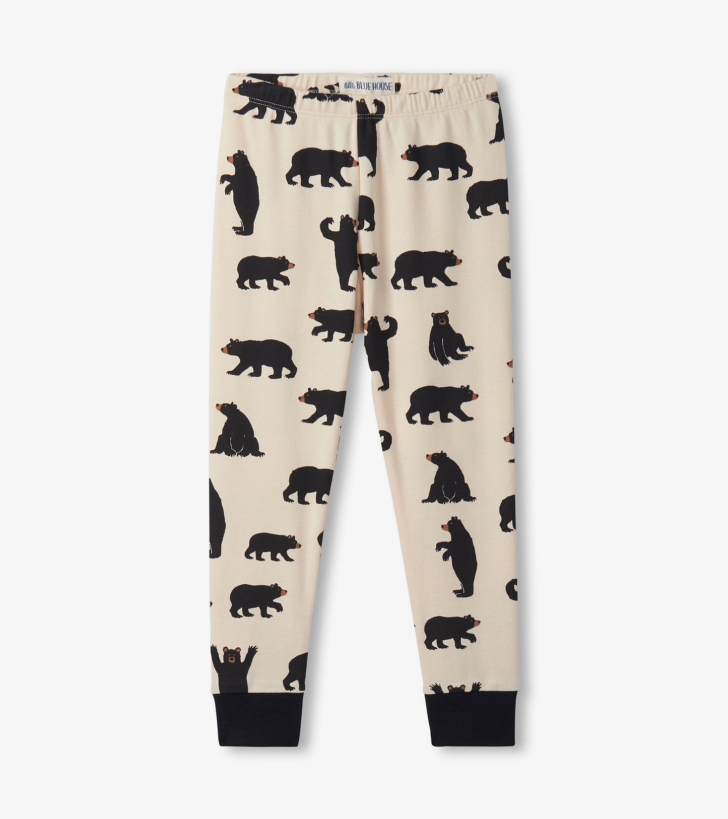 Beige pajama pants featuring a playful black bear pattern, with a comfortable elastic waistband and black cuffs.