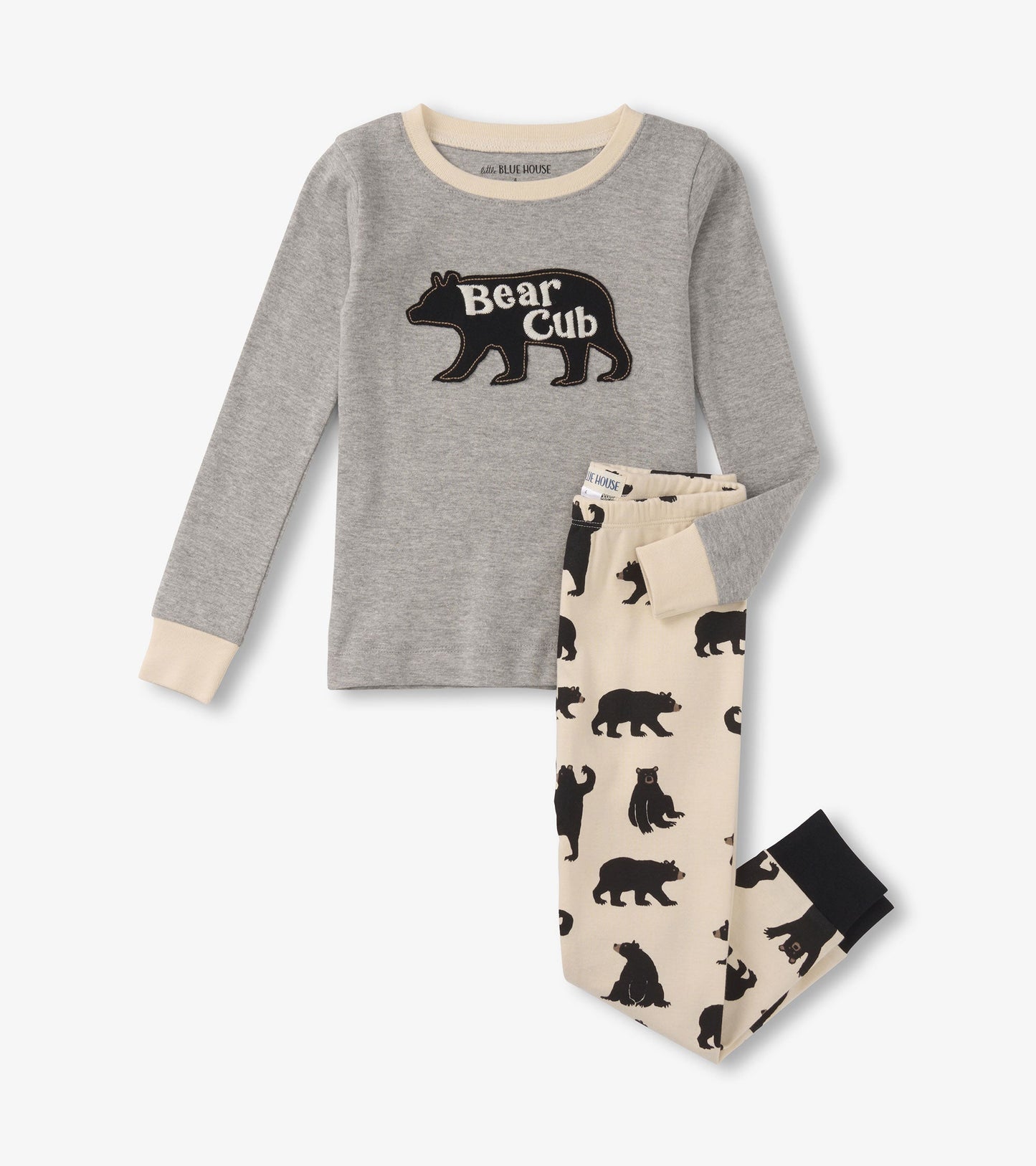 Gray long-sleeve top with "Bear Cub" graphic and cream pants featuring black bear silhouettes.