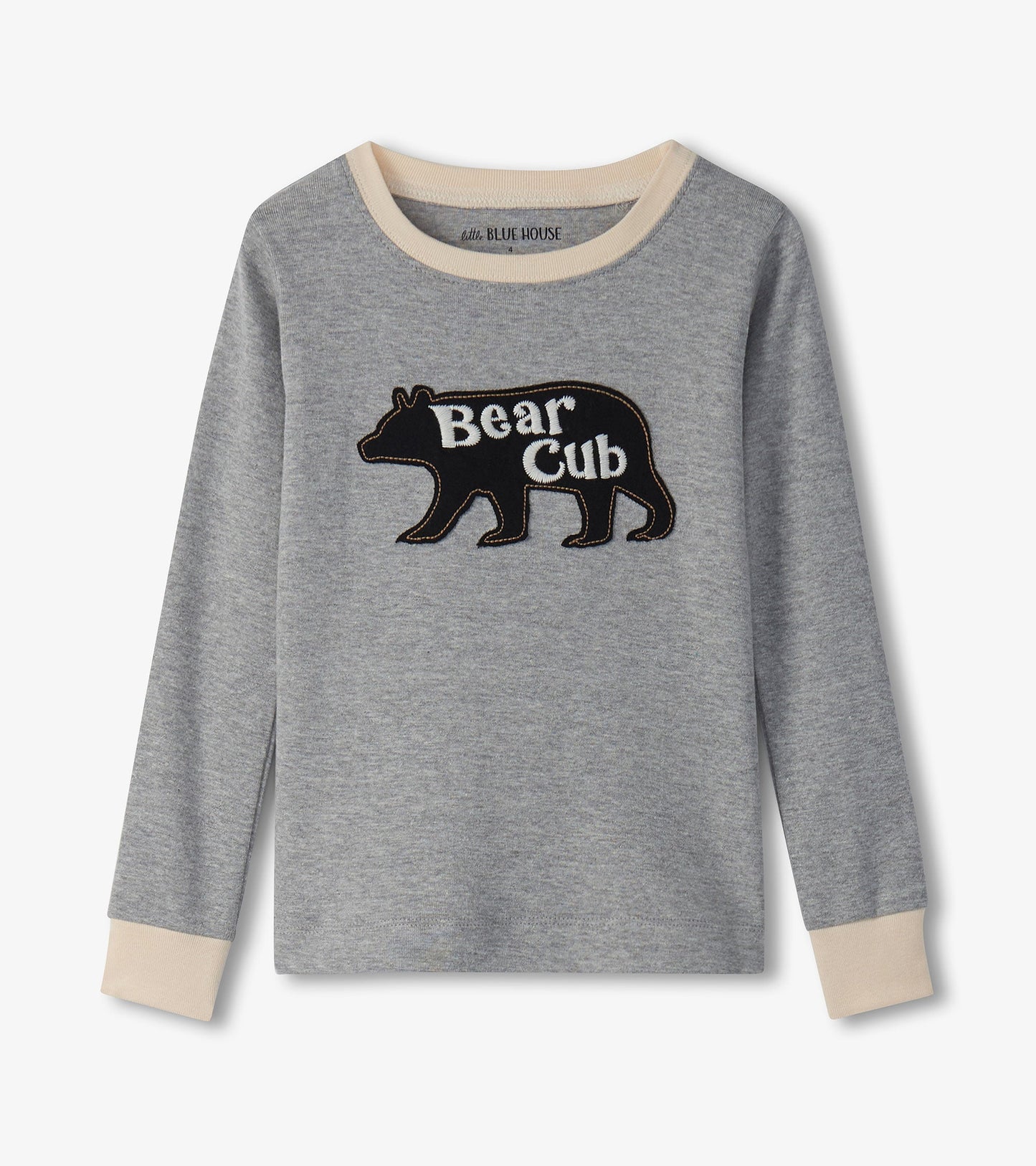 Gray long-sleeve pajama top featuring a black bear cub design and cream-colored cuffs.