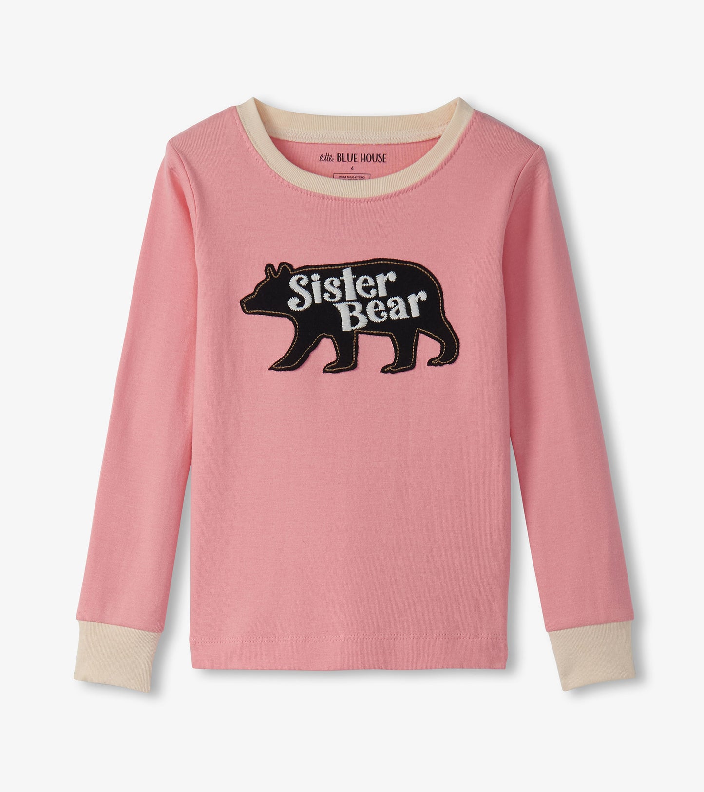 Pink long-sleeve pajama top featuring a black bear graphic with "Sister Bear" text, soft cotton material.