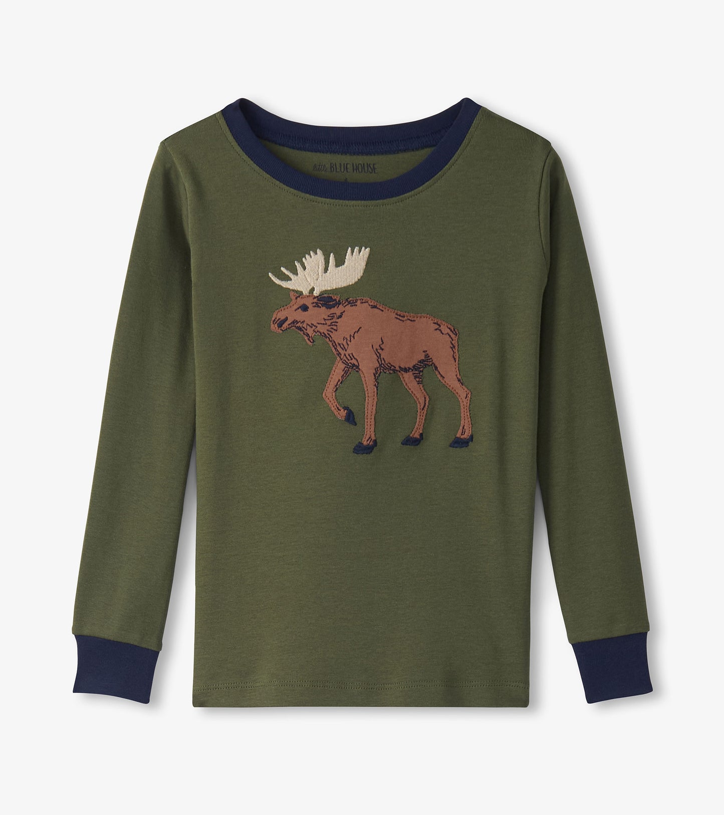 Green long-sleeve pajama top featuring a brown moose graphic and navy blue cuffs.
