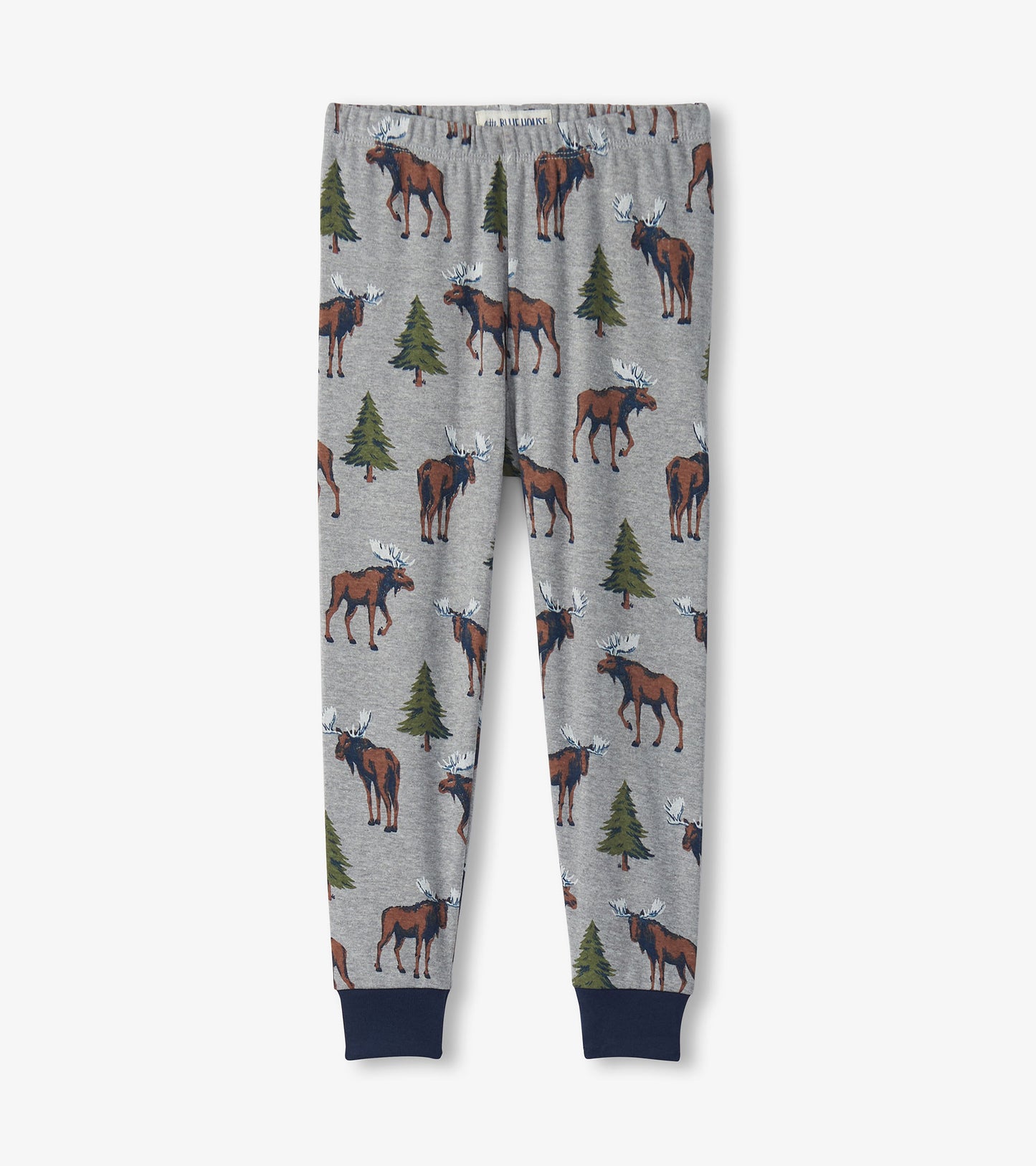 Gray pajama pants featuring a moose and pine tree pattern, with navy cuffs at the ankles.