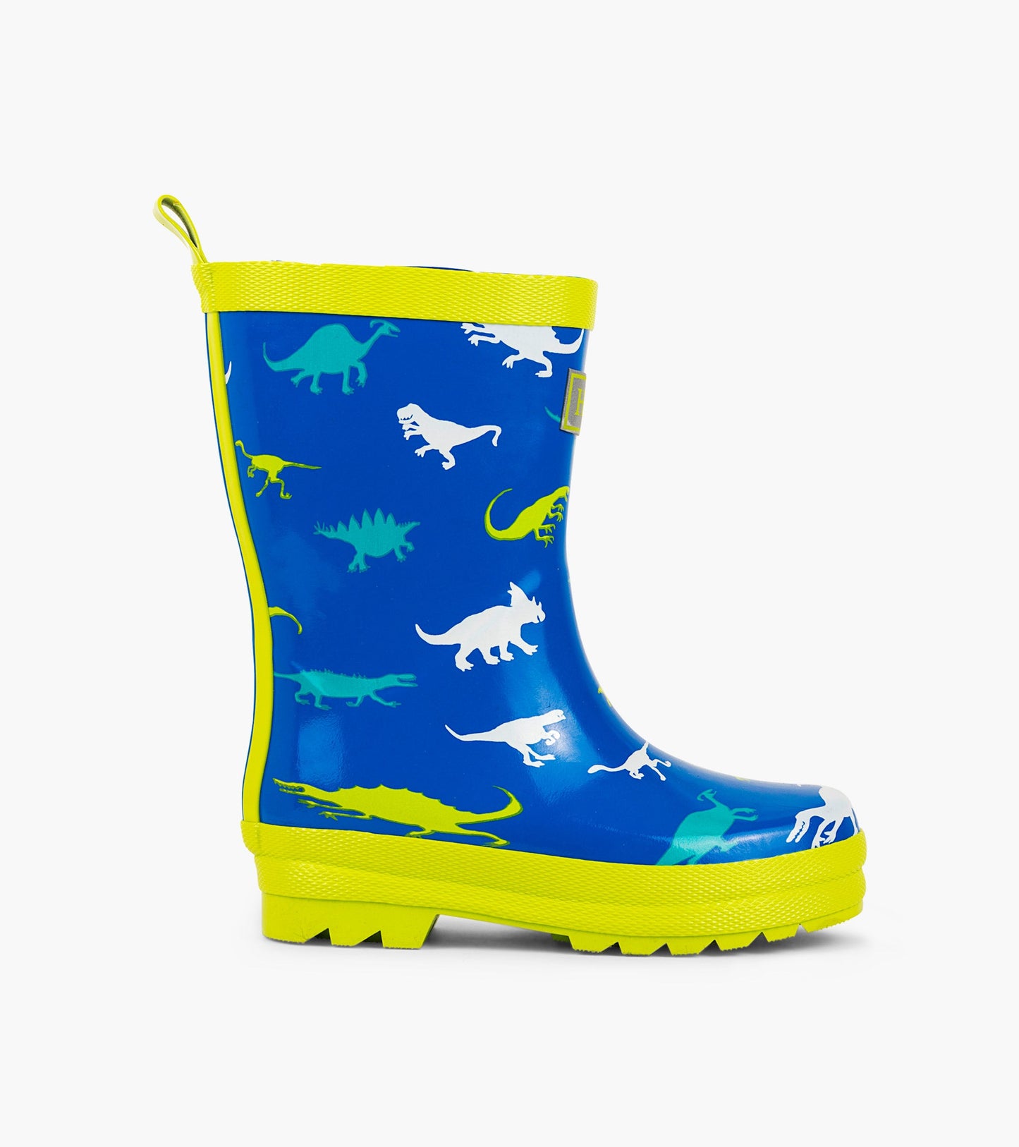 Blue rain boots featuring colorful dinosaur patterns and a bright yellow trim, designed for kids.