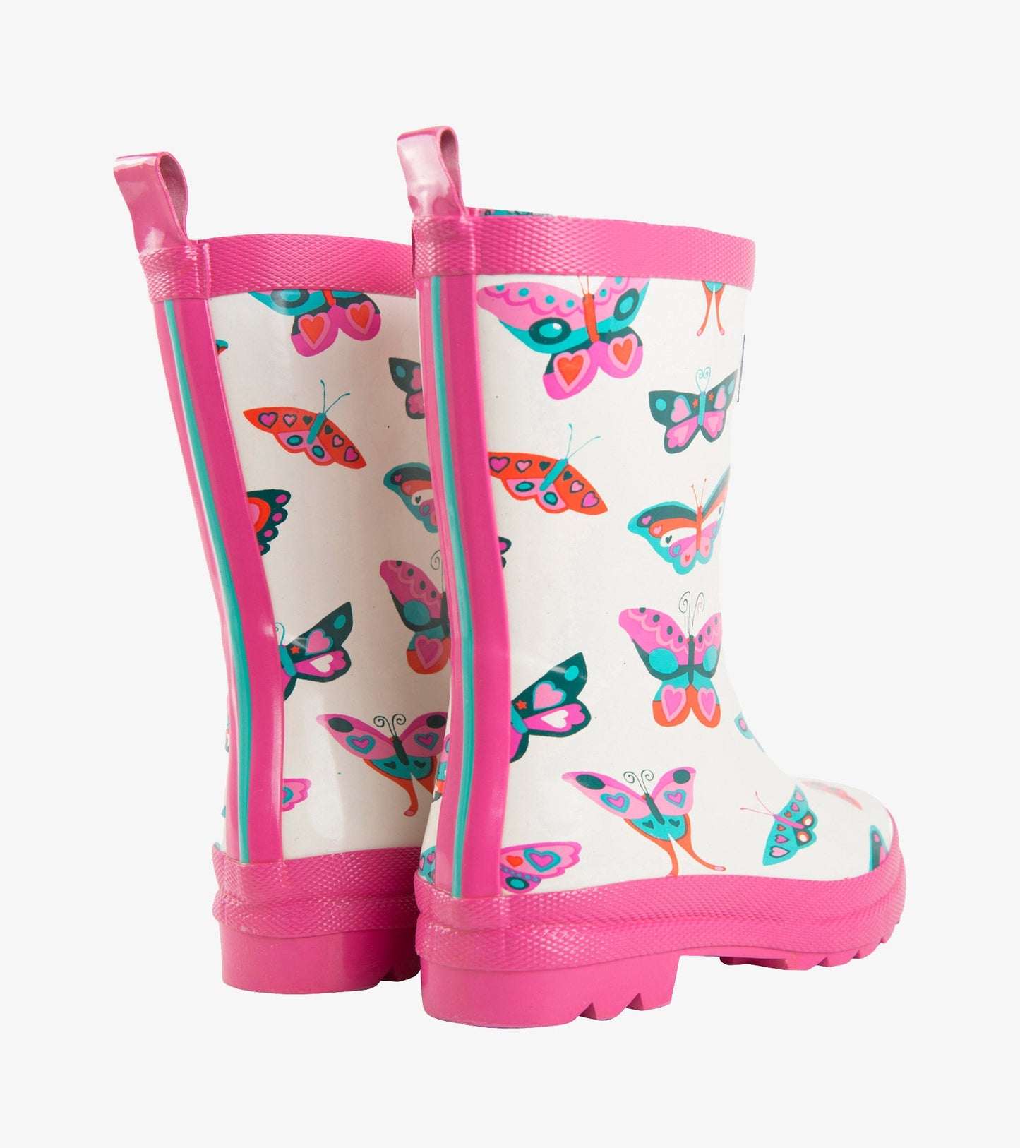 Pink rain boots featuring a colorful butterfly pattern, designed for kids, with a textured sole for grip.
