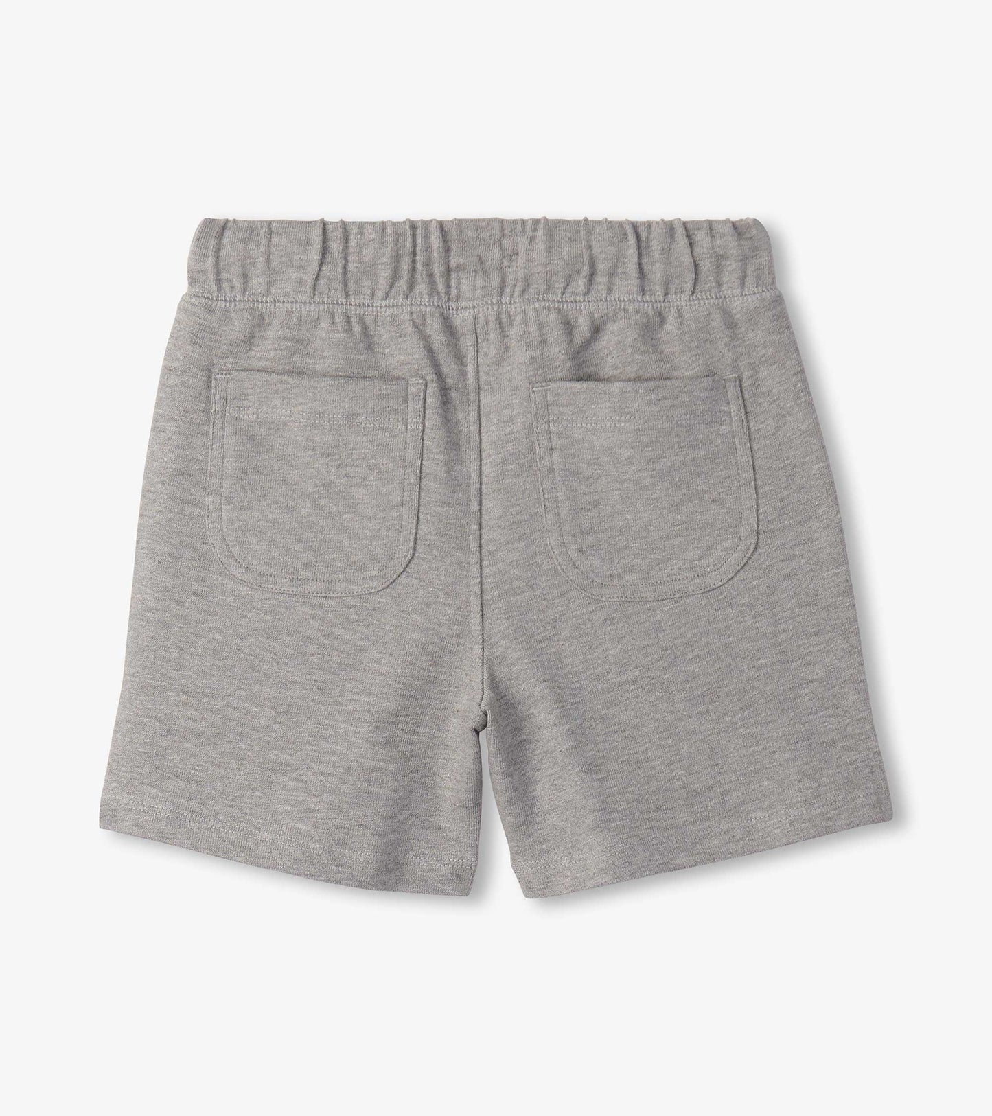 Grey relaxed shorts with an elastic waistband and two back pockets. Suitable for athletic activities.