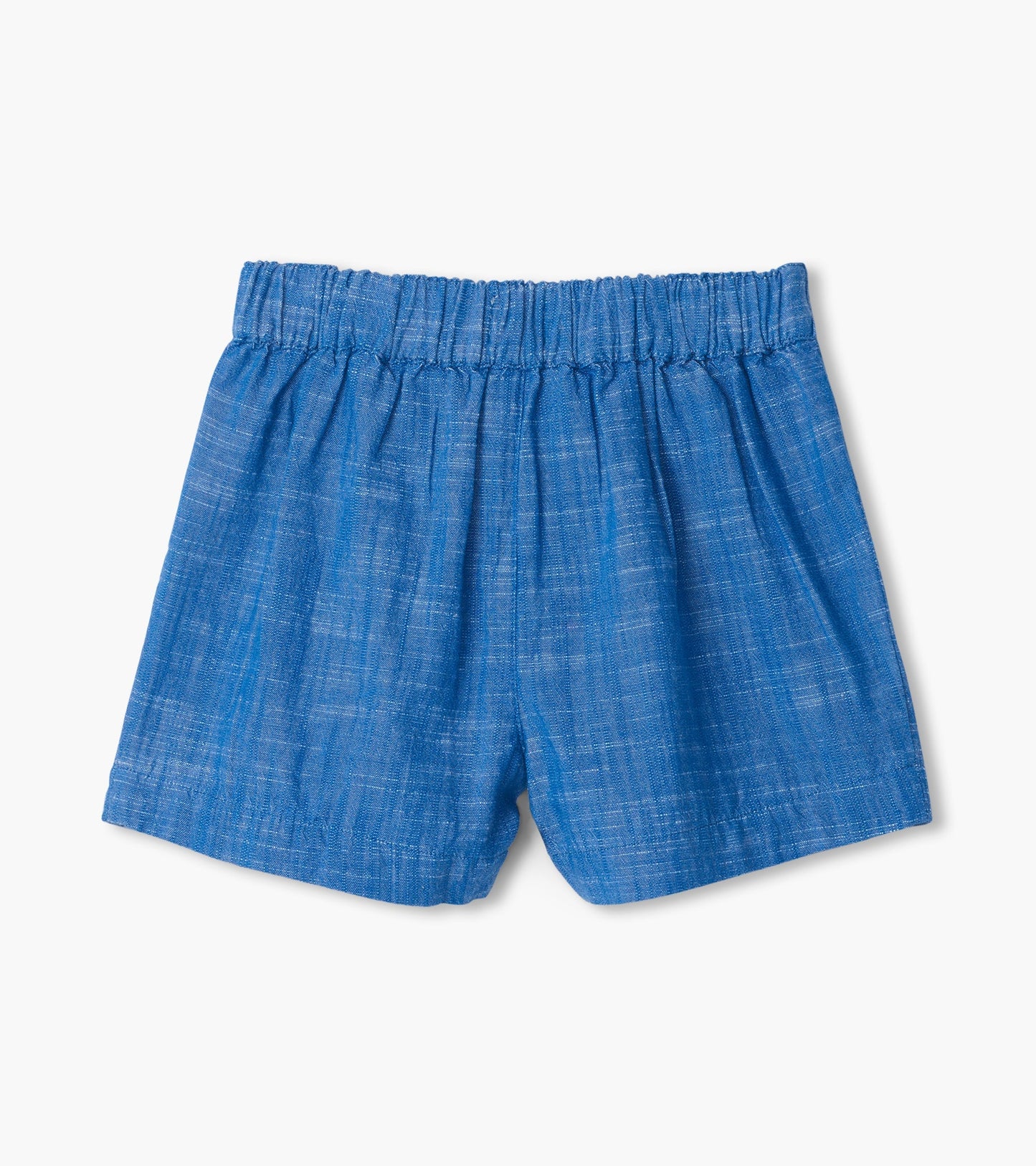 Blue chambray paper bag shorts with an elastic waistband, featuring a relaxed fit and lightweight fabric.