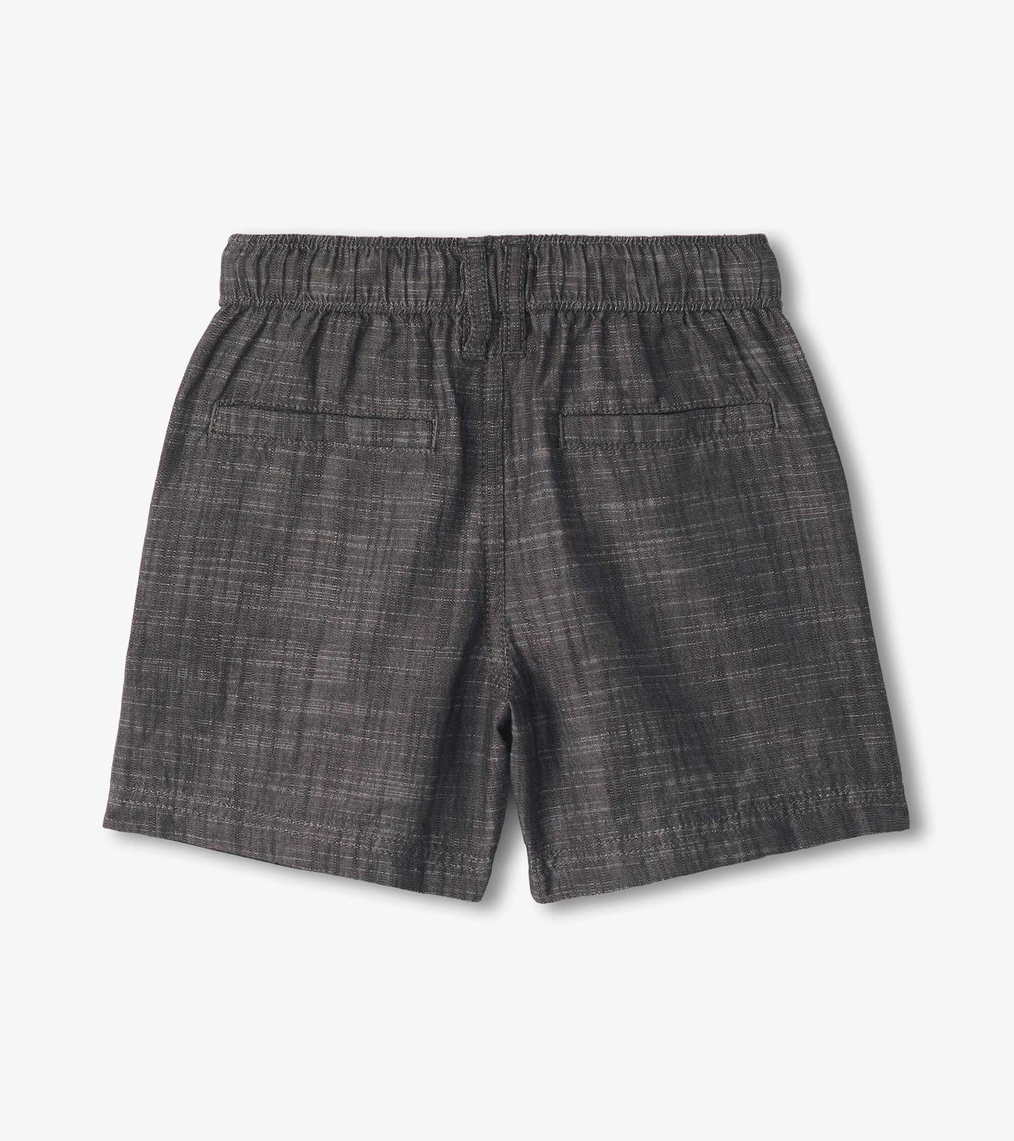 Dark grey woven shorts with an elastic waistband and back pockets, suitable for casual wear.