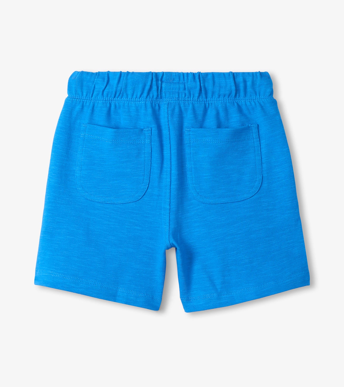 Blue boys’ shorts with elastic waistband and back patch pockets, back view