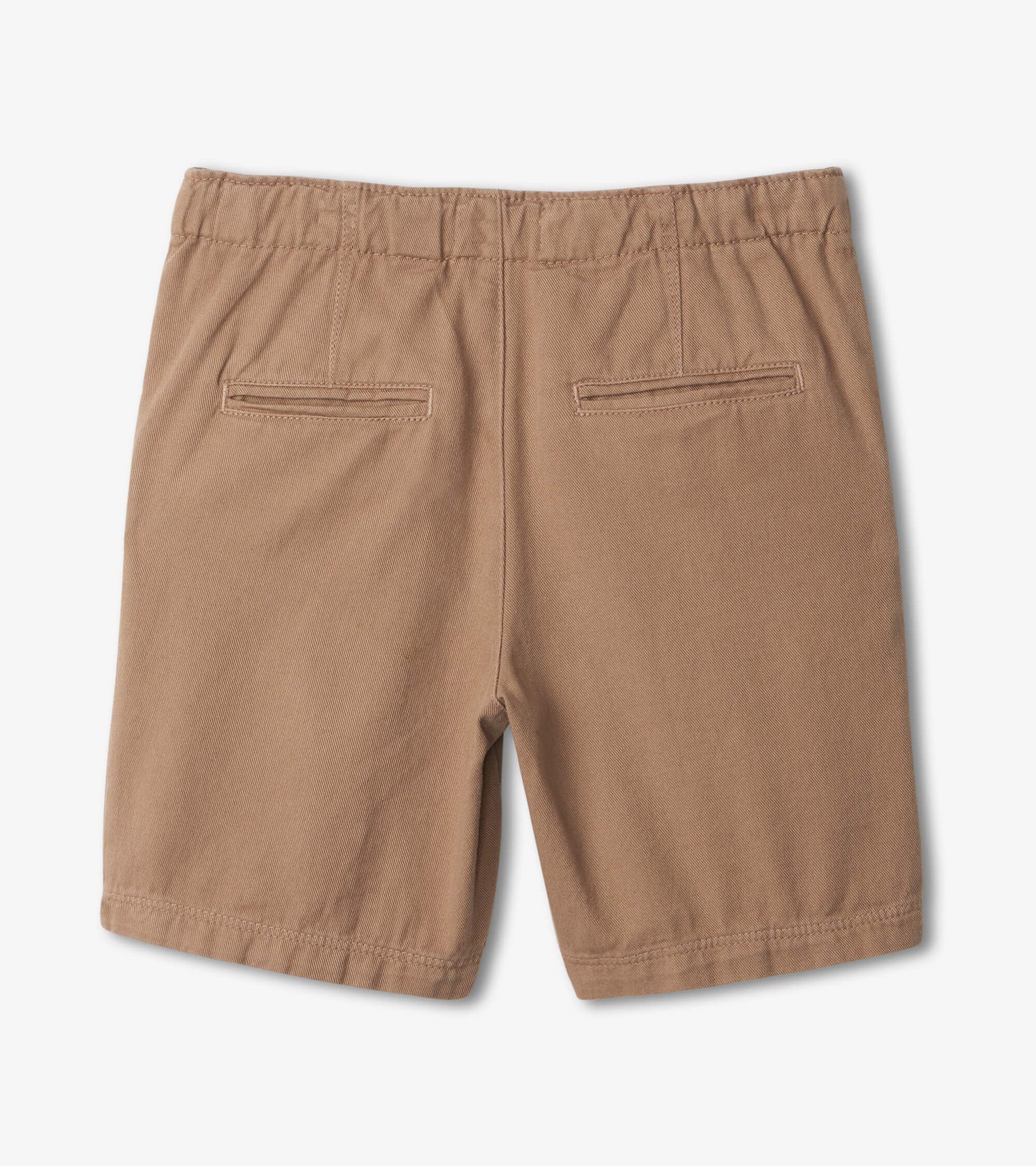 Khaki twill shorts with a relaxed fit, featuring two back pockets and an elastic waistband.