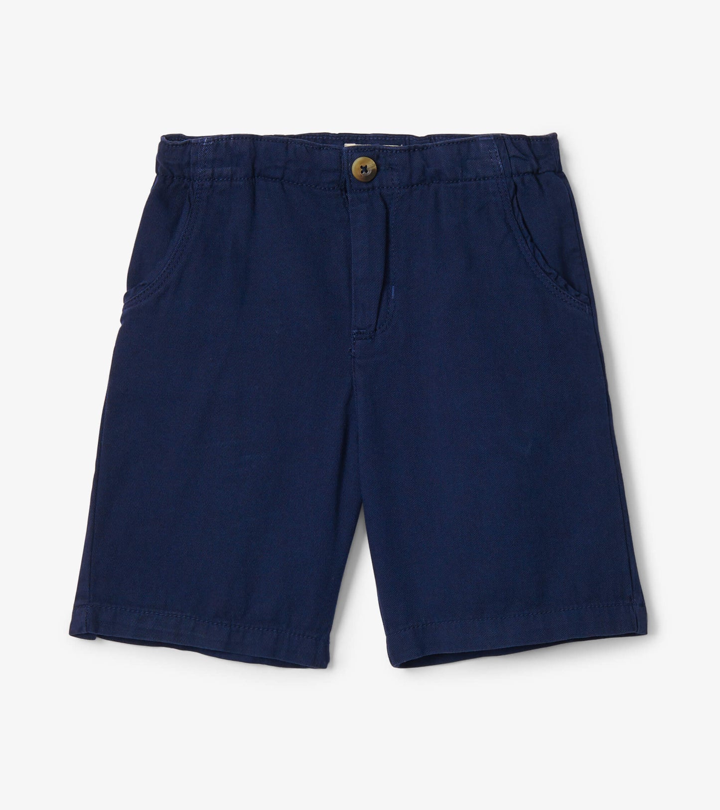Navy twill shorts with a button closure and side pockets, suitable for casual wear.