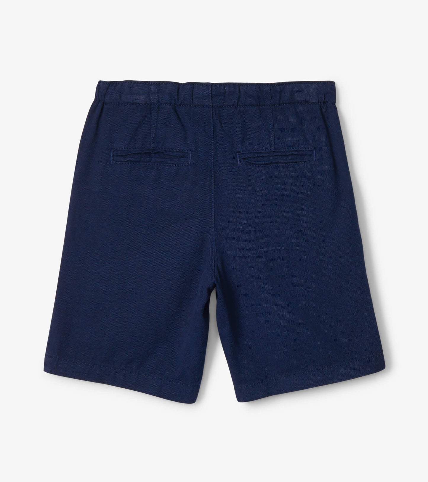 Navy twill shorts with a comfortable waistband and two back pockets.