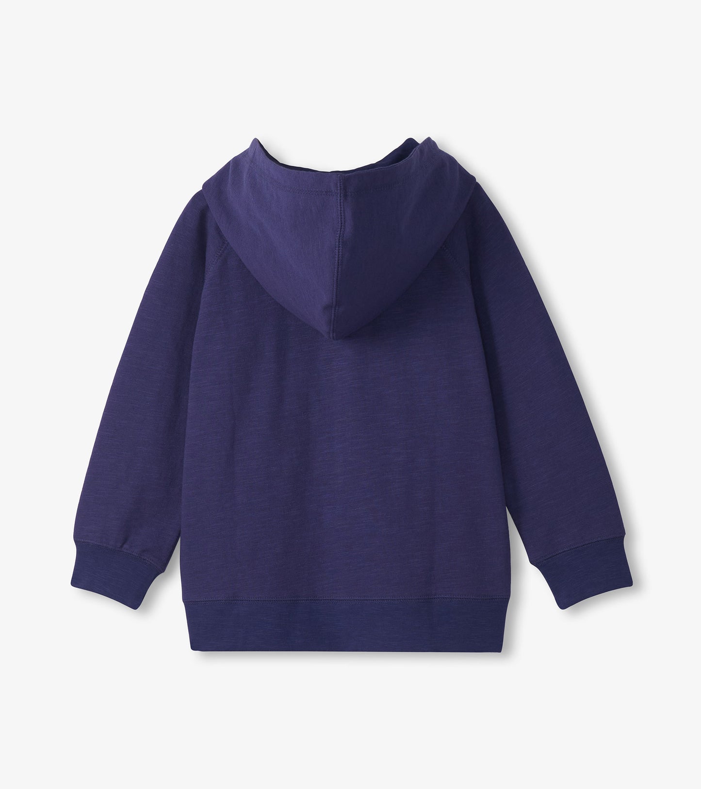 Back view of a navy blue full-zip hoodie with long sleeves and a hood, made of soft knit fabric.