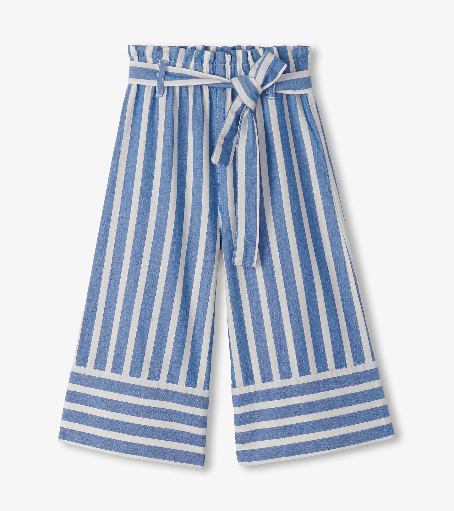 Cropped paperbag pants in blue and white stripes with a tie waist and wide legs.