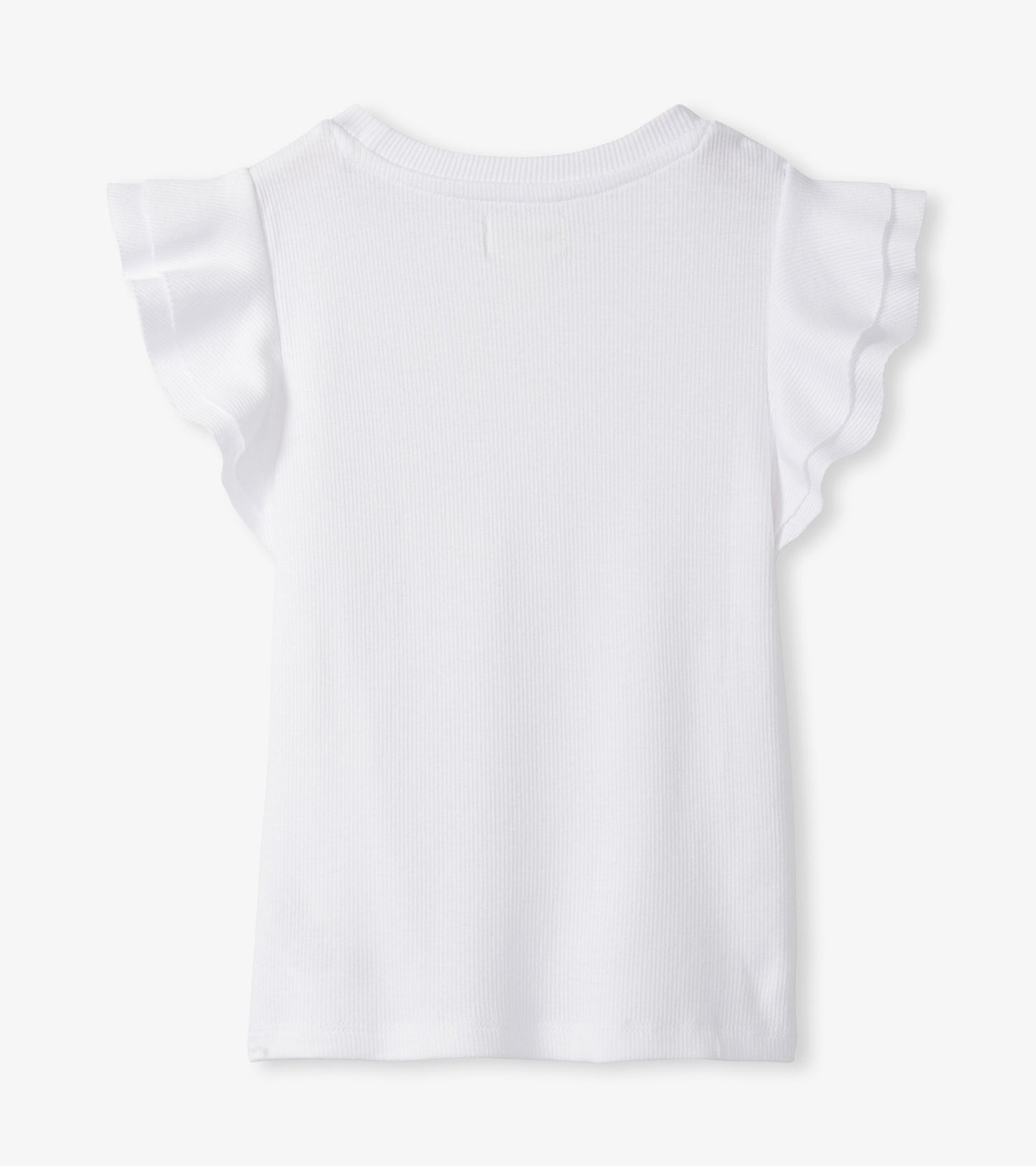 White ribbed girls tank top with ruffle sleeves, front view